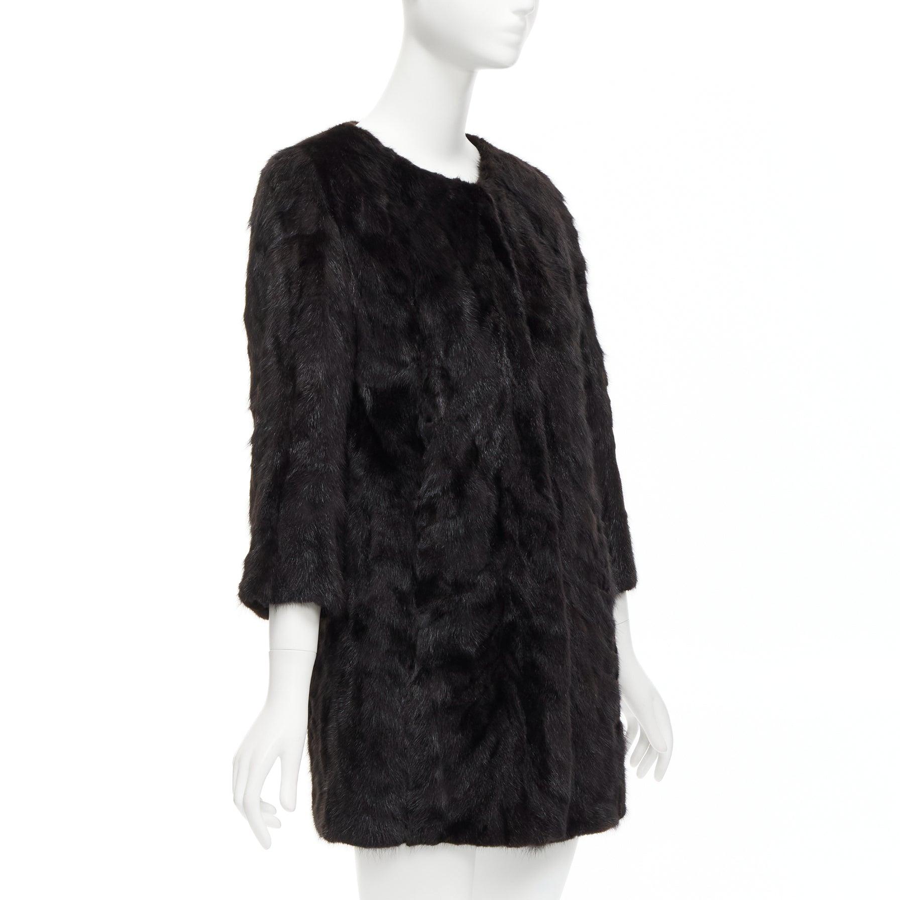 CHEVITTE dark brown genuine fur jewel neck cropped sleeves coat top M In Excellent Condition In Hong Kong, NT
