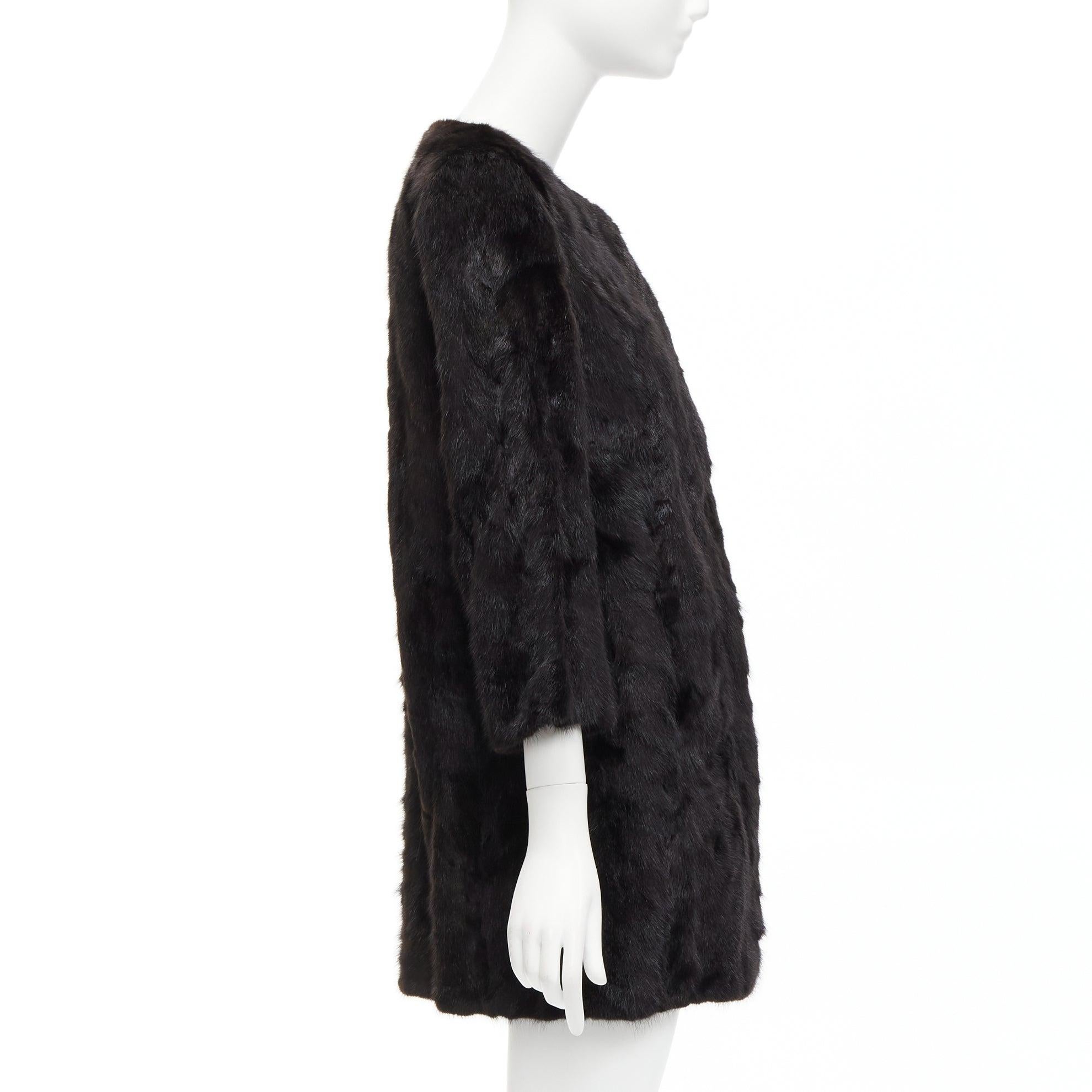 Women's CHEVITTE dark brown genuine fur jewel neck cropped sleeves coat top M For Sale
