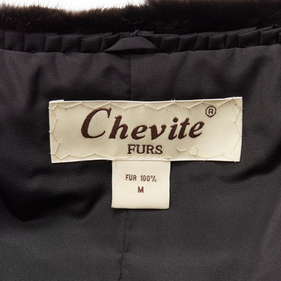CHEVITTE dark brown genuine fur jewel neck cropped sleeves coat top M For Sale 4