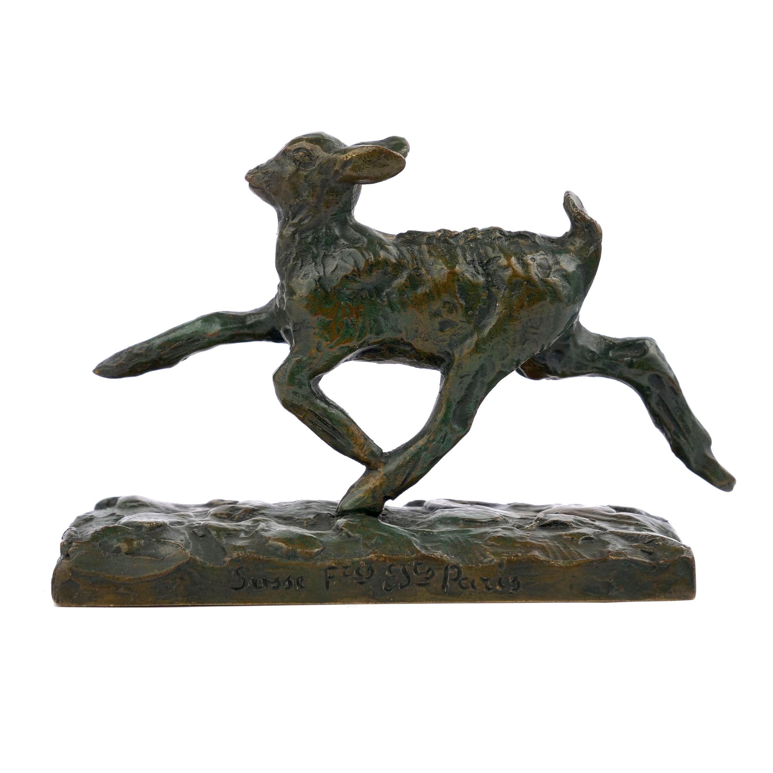 A rare and fine work by Ary Bitter and cast by Susse Freres in Paris, this small Modernism sculpture captures a young goat in mid-stride as it runs through a field. The work has an overall waxy and silky smooth surface from the lost-wax casting