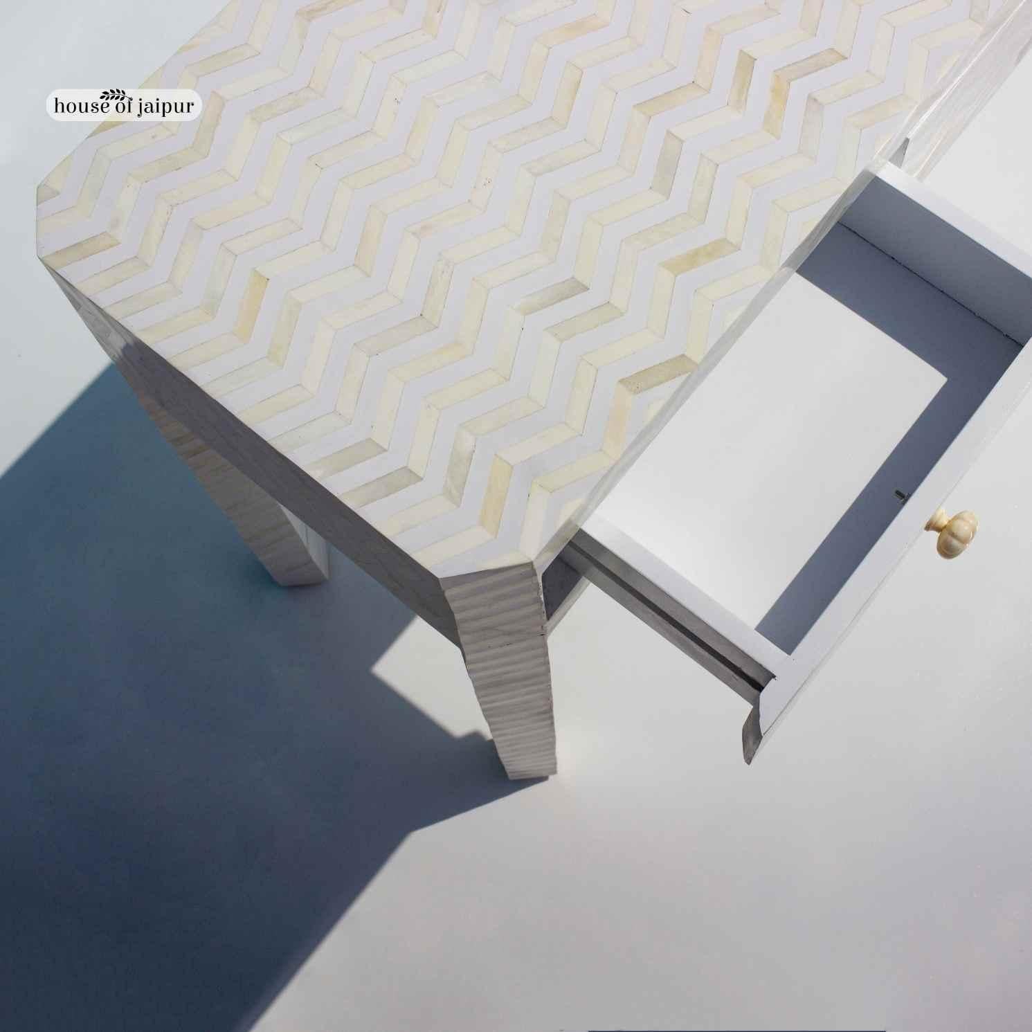 Indian Chevron Bone Inlay Console Table with Three Drawers by House of Jaipur For Sale