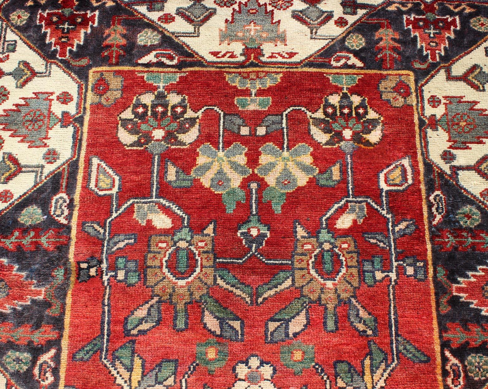 Wool Chevron Border Vintage Persian Karadjeh Runner with Vining Geometric Florals For Sale