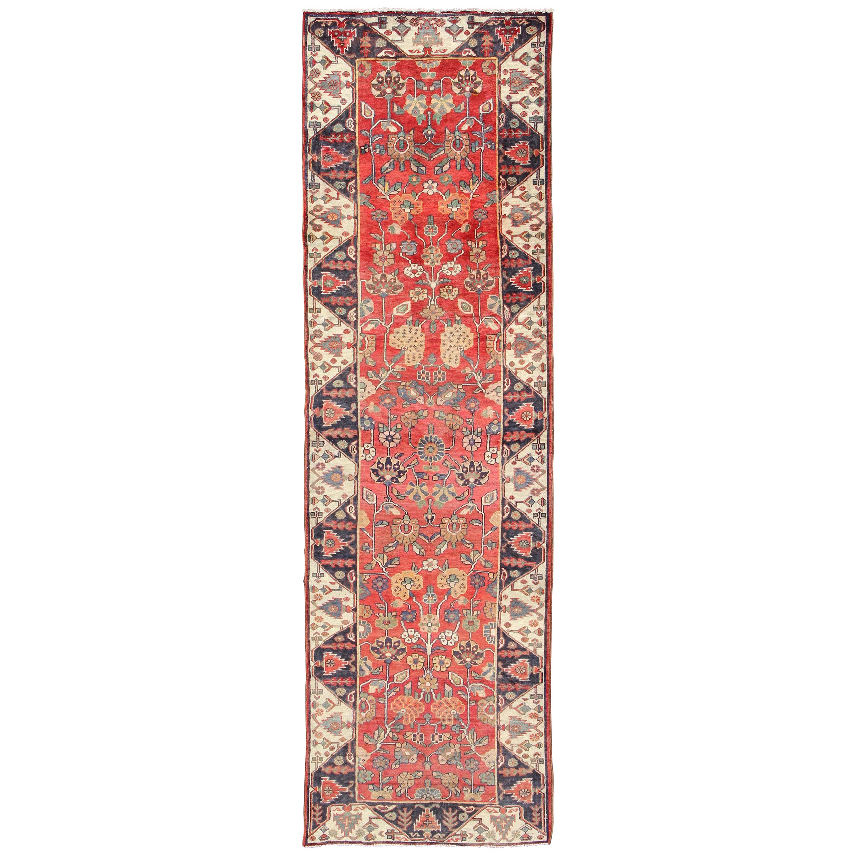 Chevron Border Vintage Persian Karadjeh Runner with Vining Geometric Florals