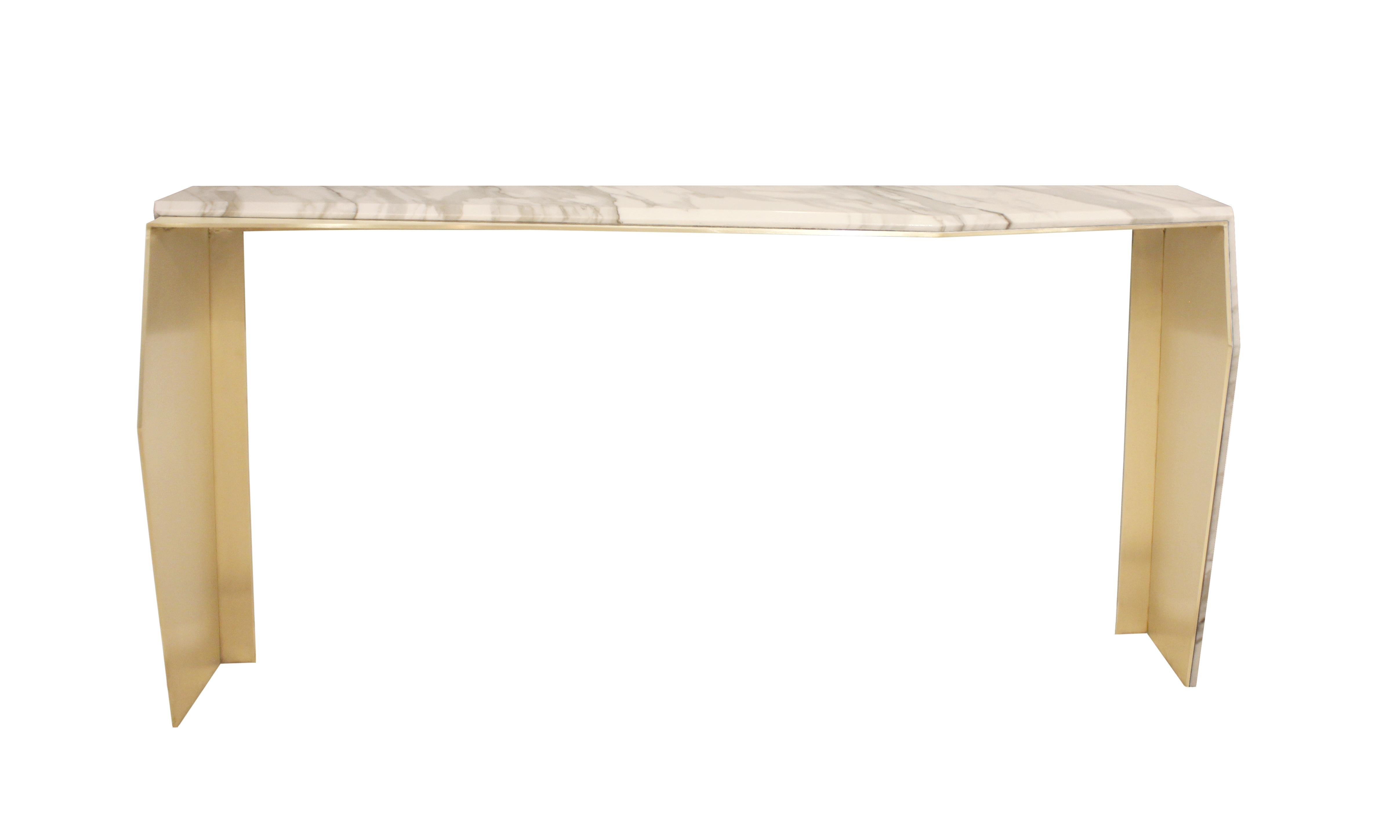Modern Chevron Brass and Calacatta Gold Marble Console Table For Sale