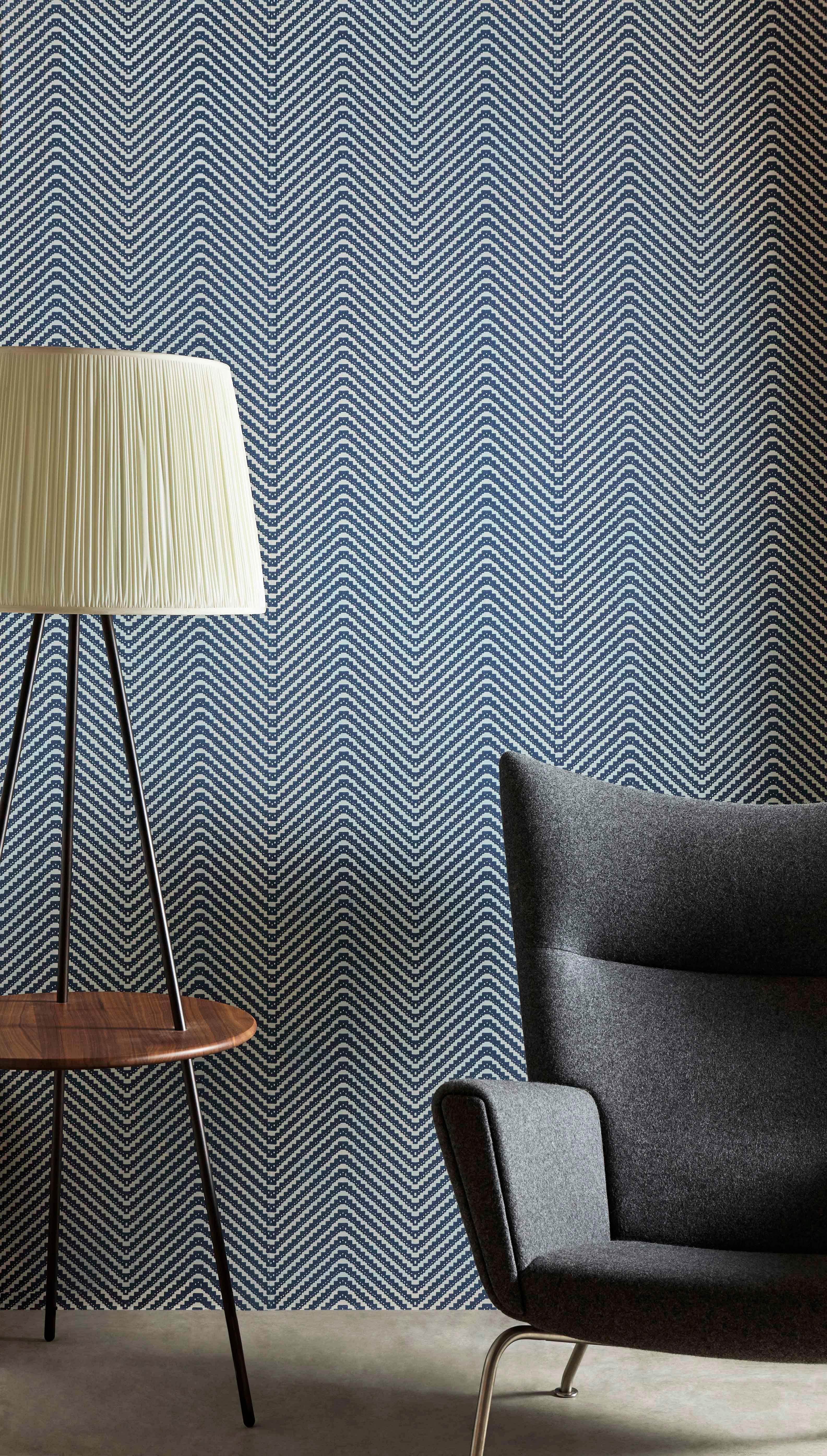 Color: Ink Blue (also available in Grey)
Trim width: 52cm/20.5 inches
Roll Length: 10m
Pattern Repeat: Straight
Match Length: 2.5cm / 1 inch.

Please get in contact to order a sample.

Chevron tricks the eye with a visually textural print, inspired