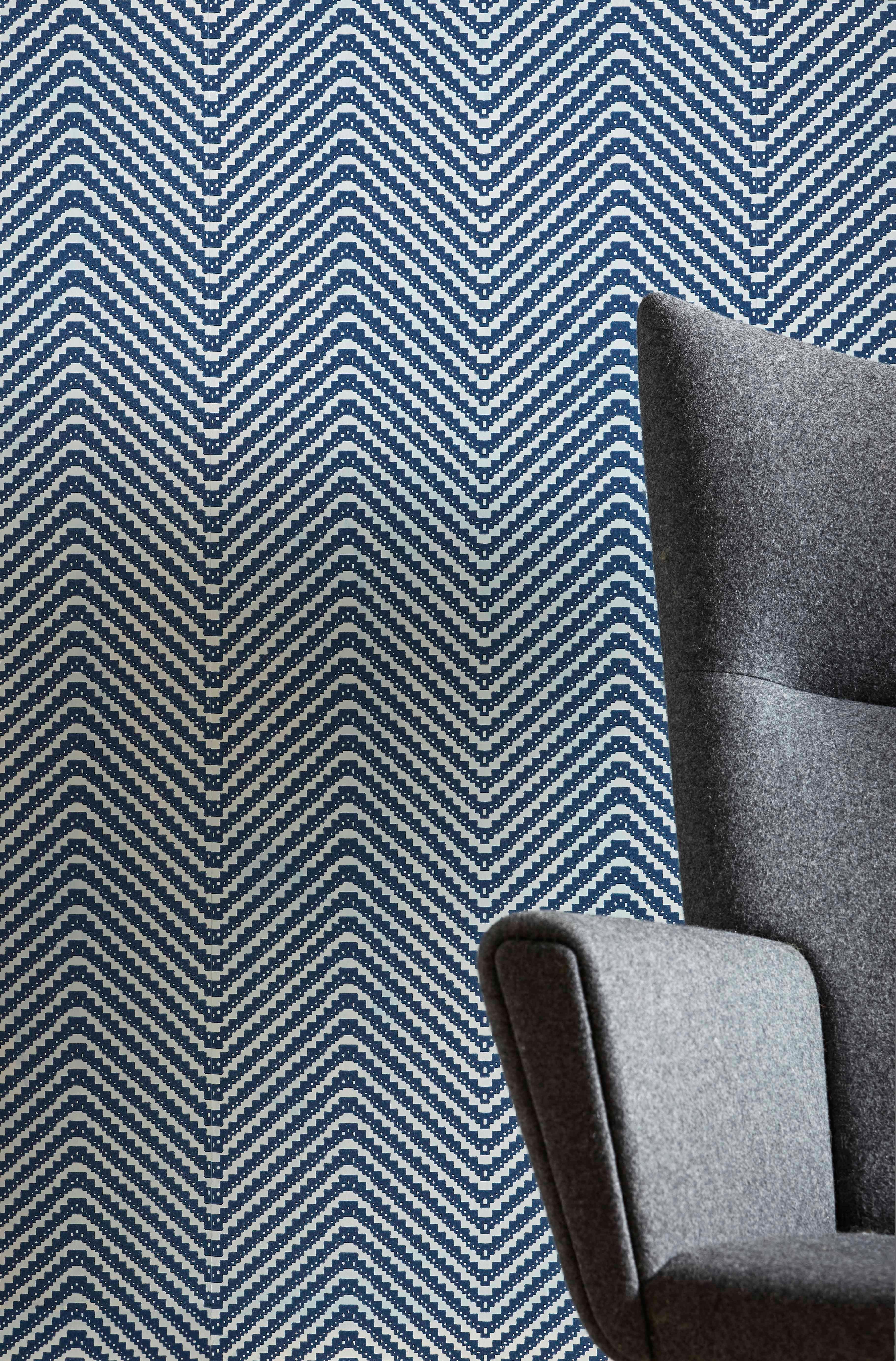 British 'Chevron' Contemporary, Traditional Wallpaper in Ink Blue For Sale