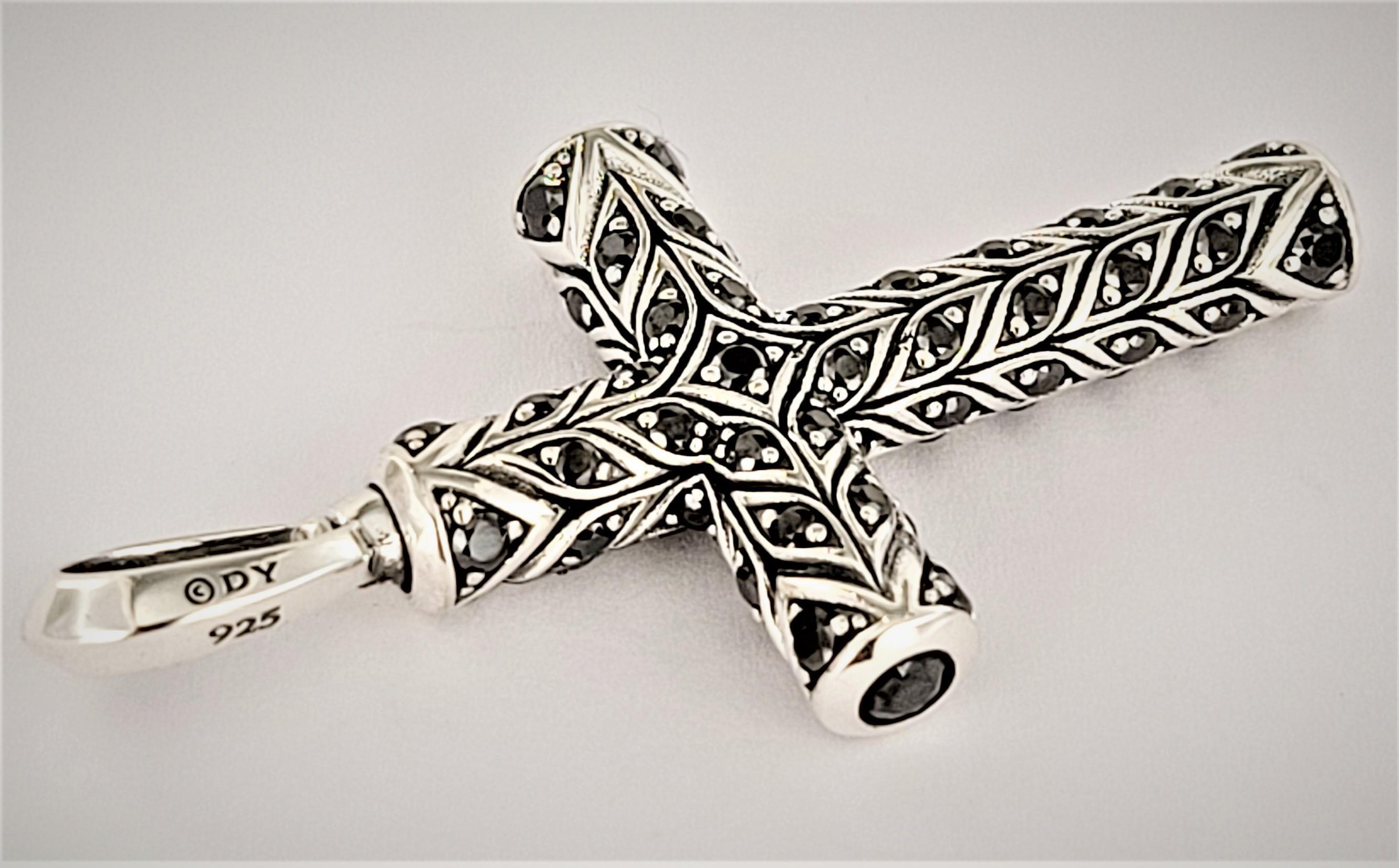 Chevron Cross Pendant Sterling Silver with Black Diamonds In New Condition For Sale In New York, NY