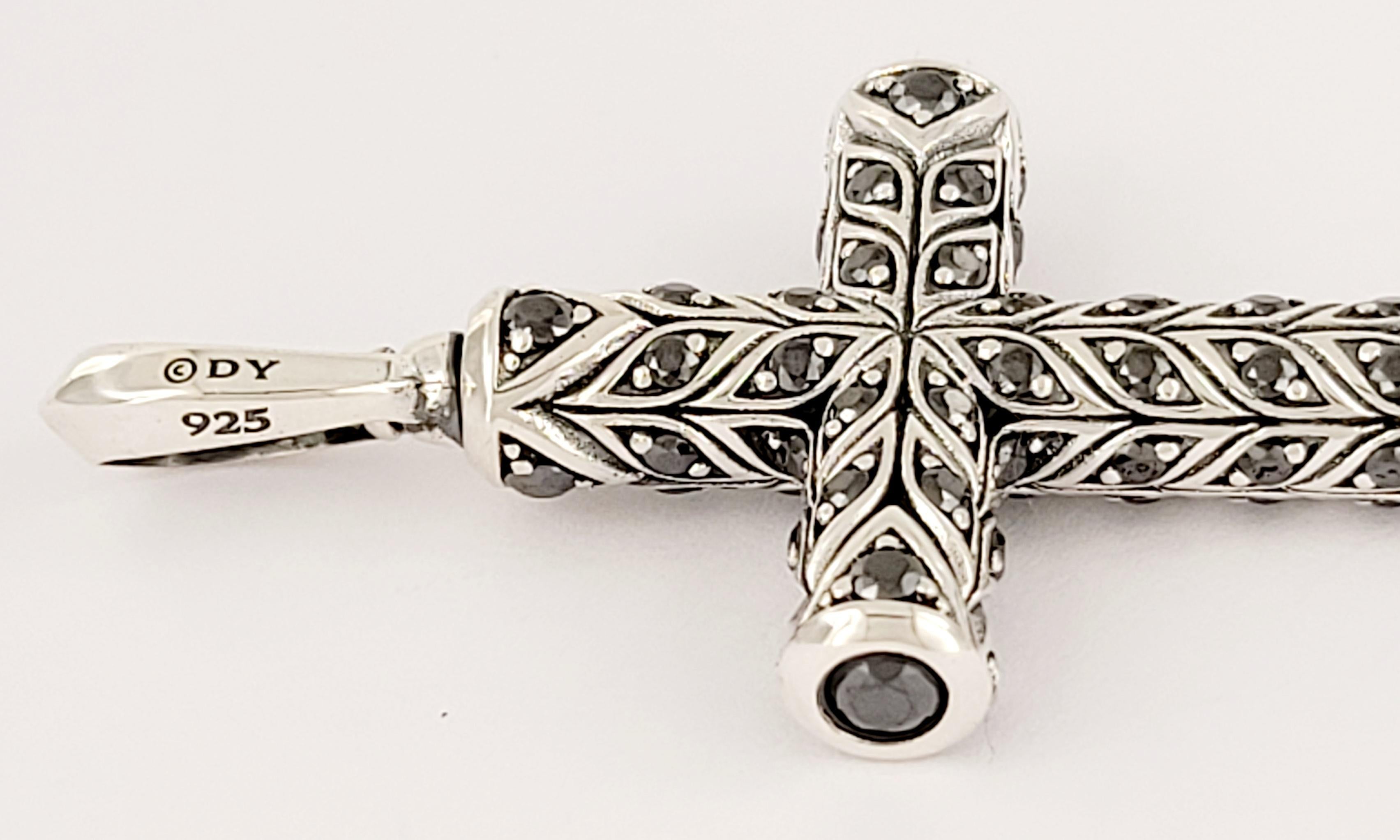 Men's Chevron Cross Pendant Sterling Silver with Black Diamonds For Sale