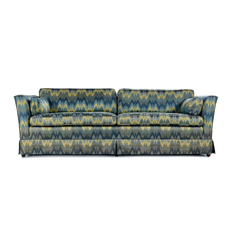 This electrifying chevron fabric looks like an EKG reading full of blues, greens and yellow variations. Bold an brilliant flame stitch zigzag pulsing of cool colors, in the manner of famed textile designer, Jack Lenor Larsen. Baker made and