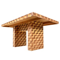 Chevron Harringbone Parquet Bamboo Rattan Pedestal Dining Table or Desk, 1970s