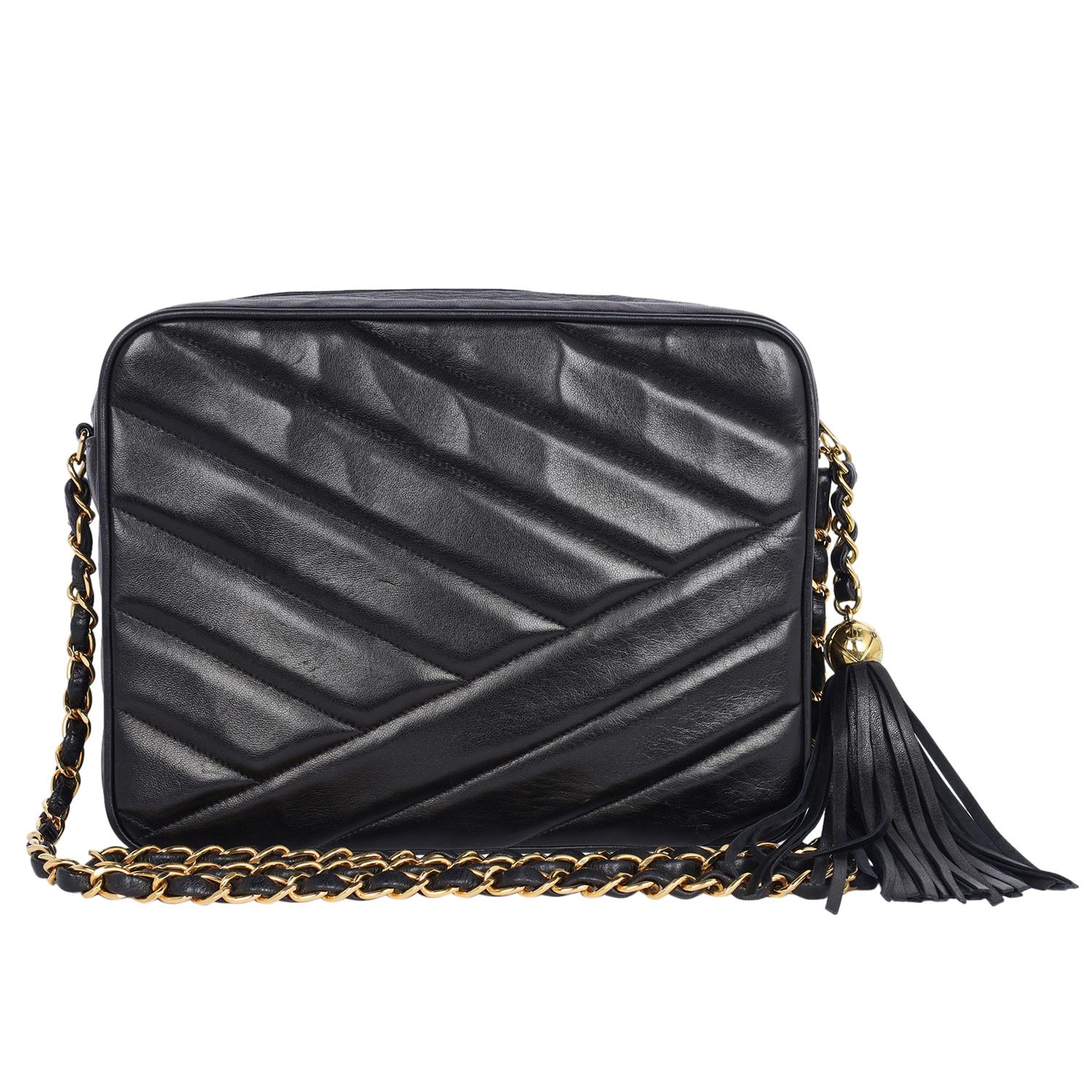 Chevron Lambskin Envelope Pocket Camera Bag Medium Black 1