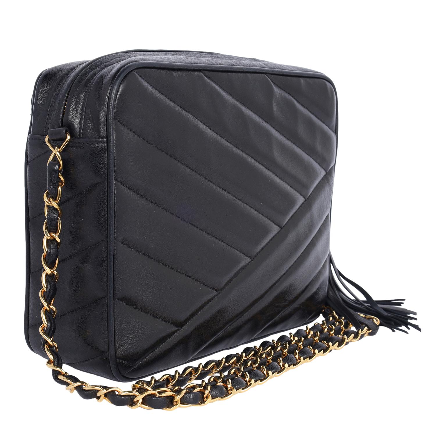 Chevron Lambskin Envelope Pocket Camera Bag Medium Black 2