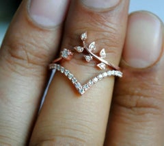 Chevron Leaf Ring Wedding Band Set in 14k Gold Natural Diamond