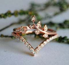 Chevron Leaf Ring Set 14k Gold Natural Diamond Wedding Band Stack