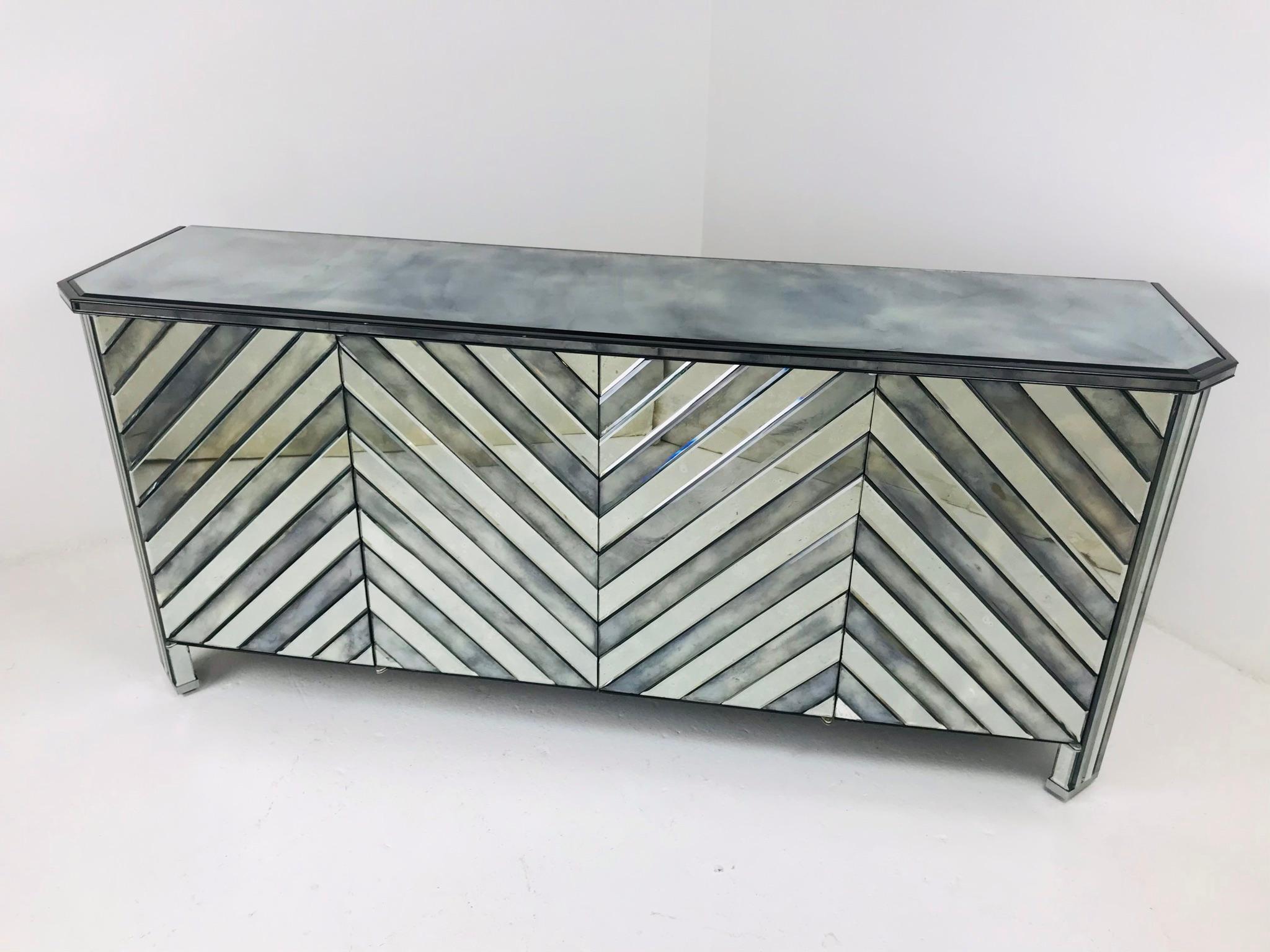 Art Deco Chevron Mirrored Credenza