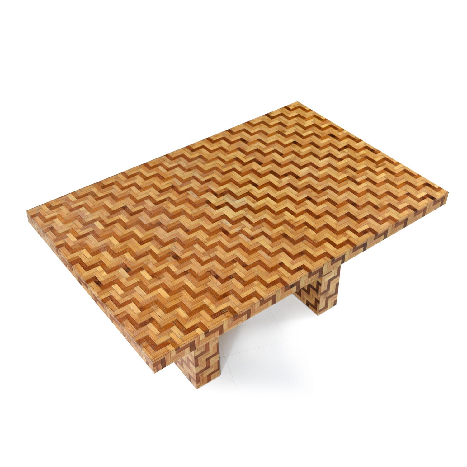 Hollywood Regency Chevron Harringbone Parquet Bamboo Rattan Pedestal Dining Table or Desk, 1970s