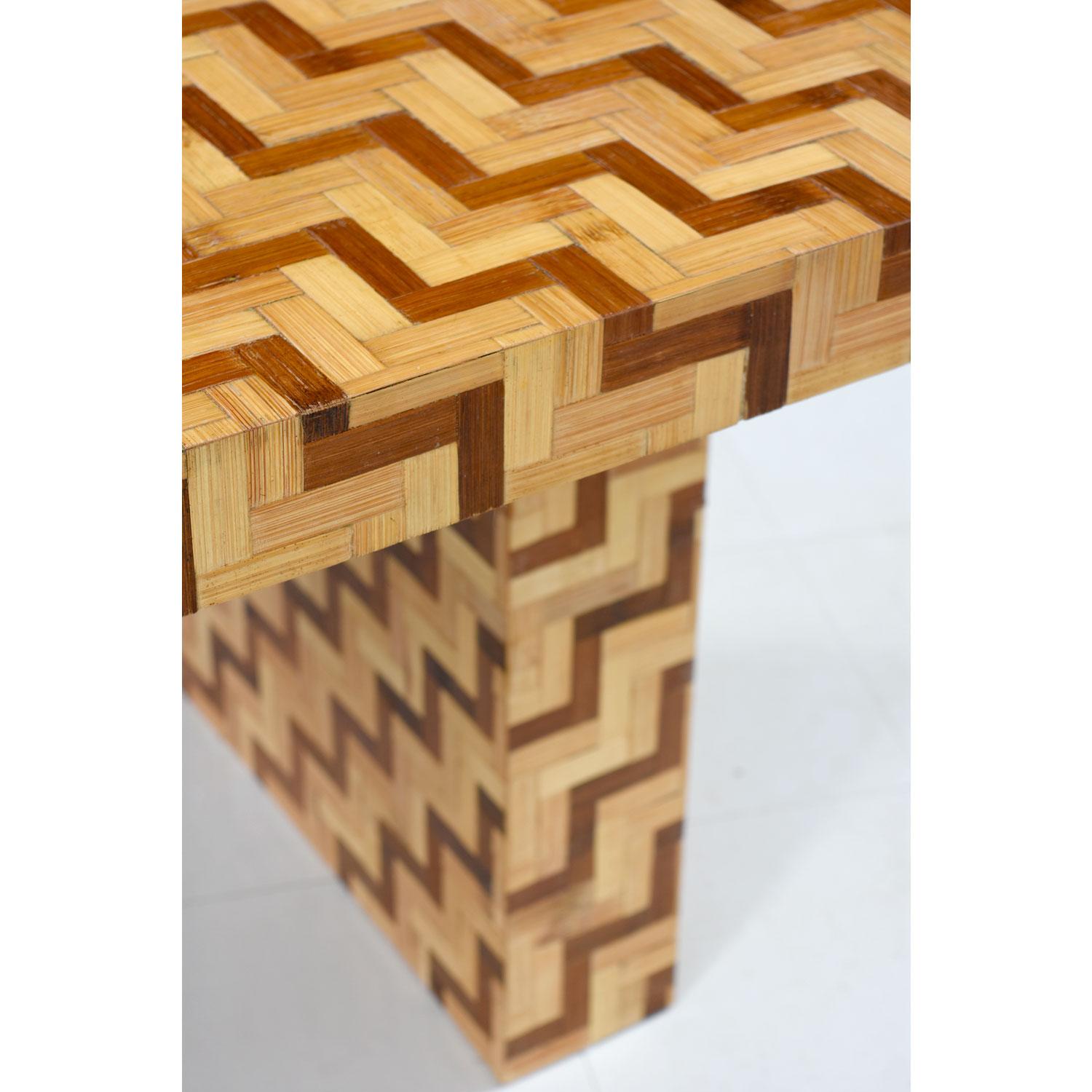 Chevron Harringbone Parquet Bamboo Rattan Pedestal Dining Table or Desk, 1970s In Excellent Condition In Chattanooga, TN