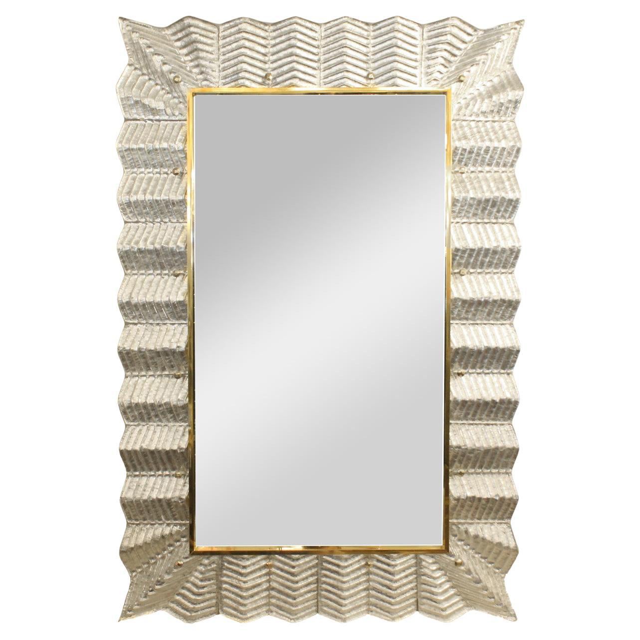 Chevron Pattern, Silver-leafed Murano Glass Mirror with Brass Details