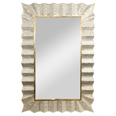 Chevron Pattern, Silver-leafed Murano Glass Mirror with Brass Details