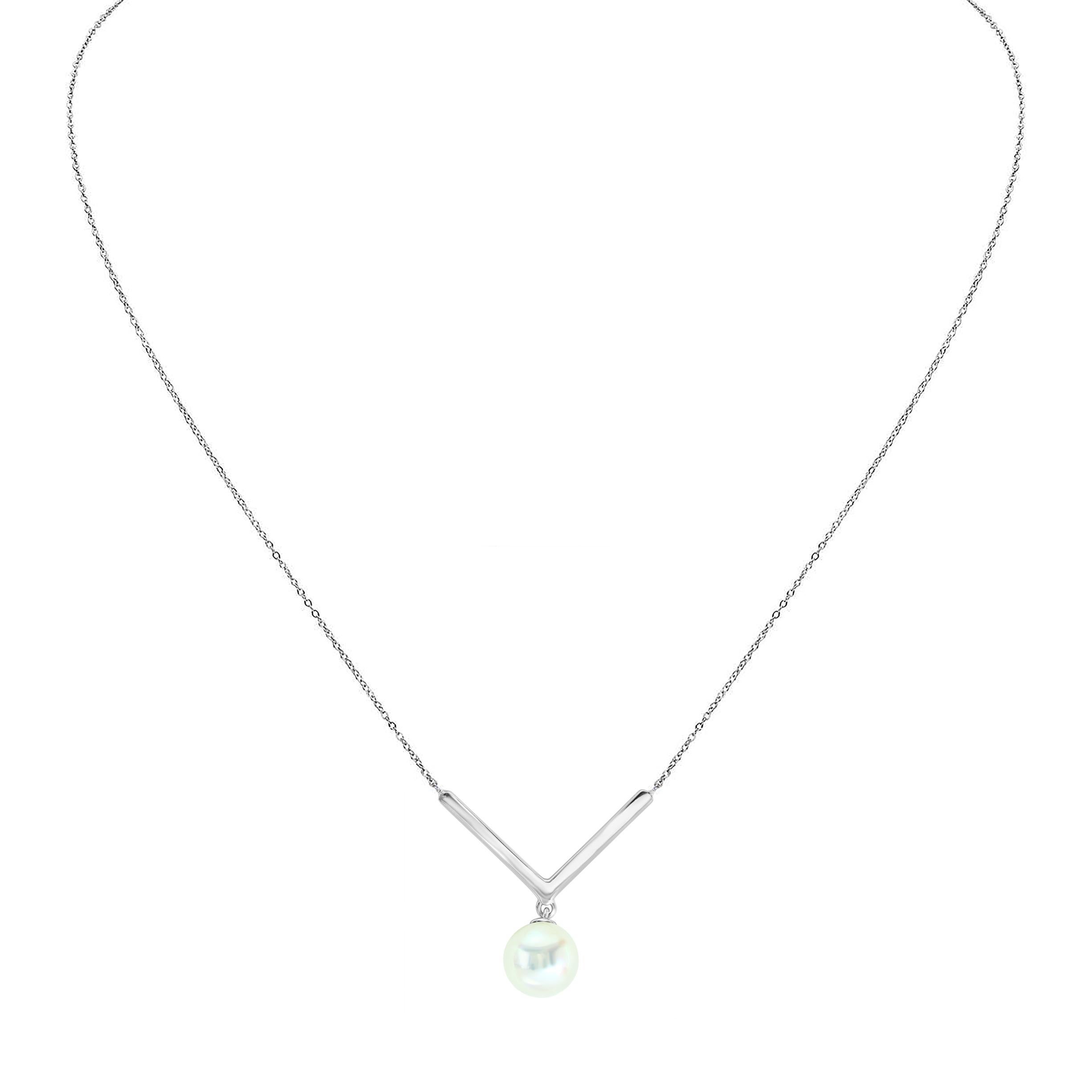 Round Cut Chevron Pendant Necklace with Freshwater White Pearl .925 Sterling Silver For Sale