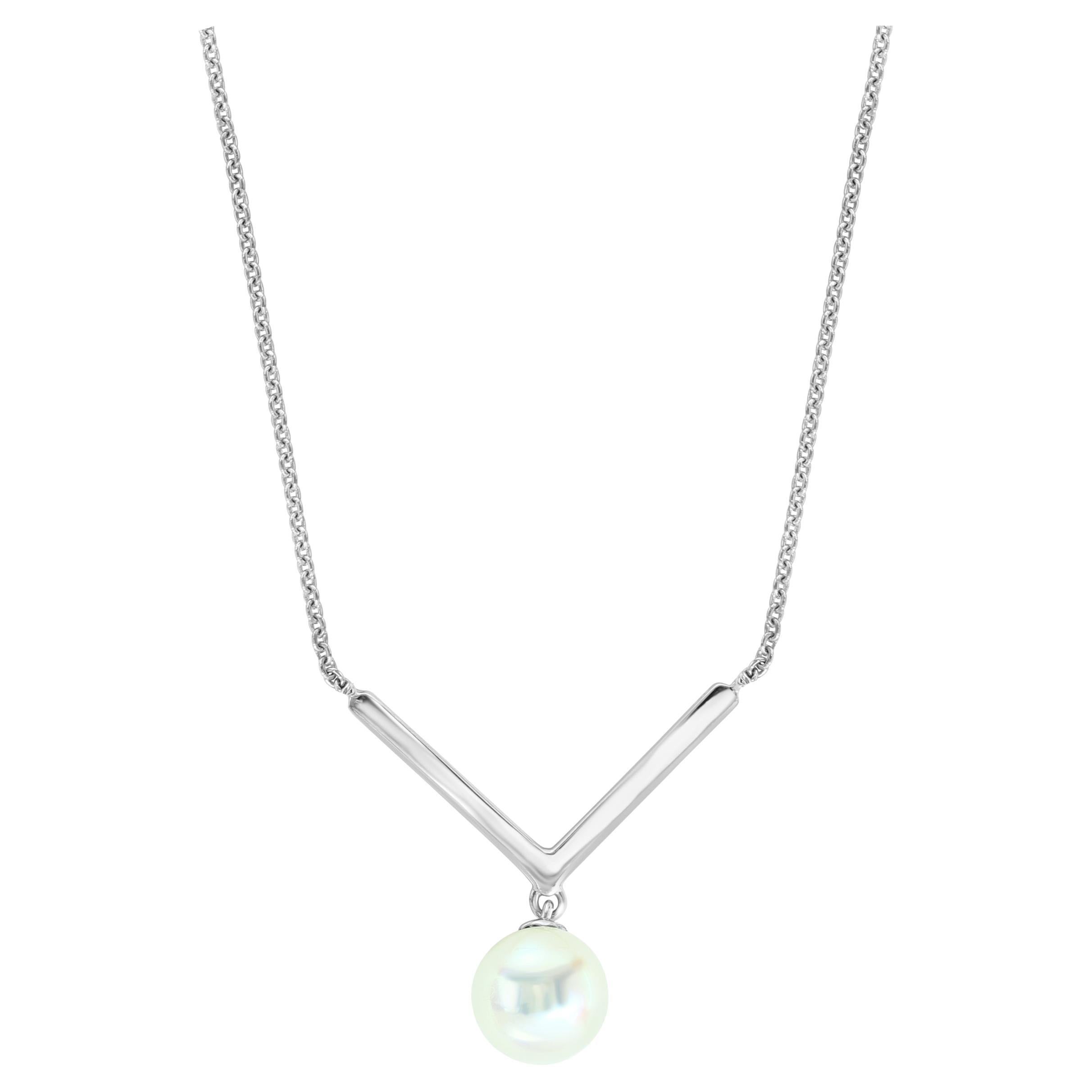 Chevron Pendant Necklace with Freshwater White Pearl .925 Sterling Silver For Sale