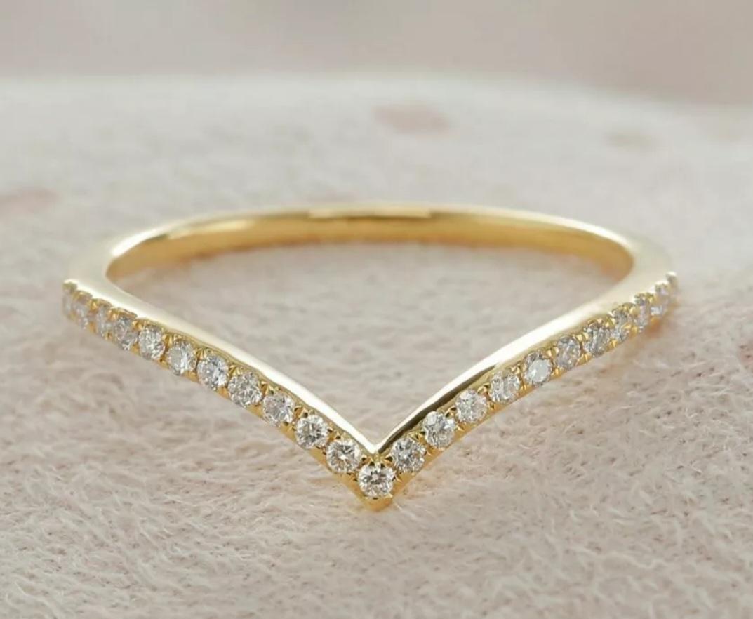 Round Cut Chevron Ring 14k Solid Gold Diamond Chevron Ring V Shaped Stackable Diamond Ring For Sale