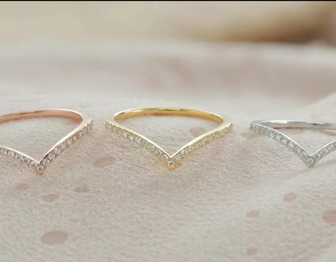 Chevron Ring 14k Solid Gold Diamond Chevron Ring V Shaped Stackable Diamond Ring For Sale 1