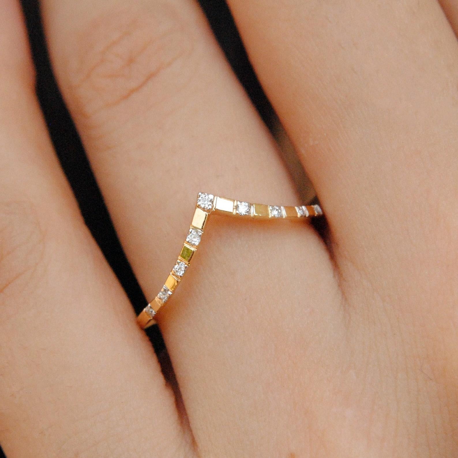 Art Deco Chevron Ring with Spaced Pave Diamond 14k Gold Ring Matching Anniversary Ring. For Sale