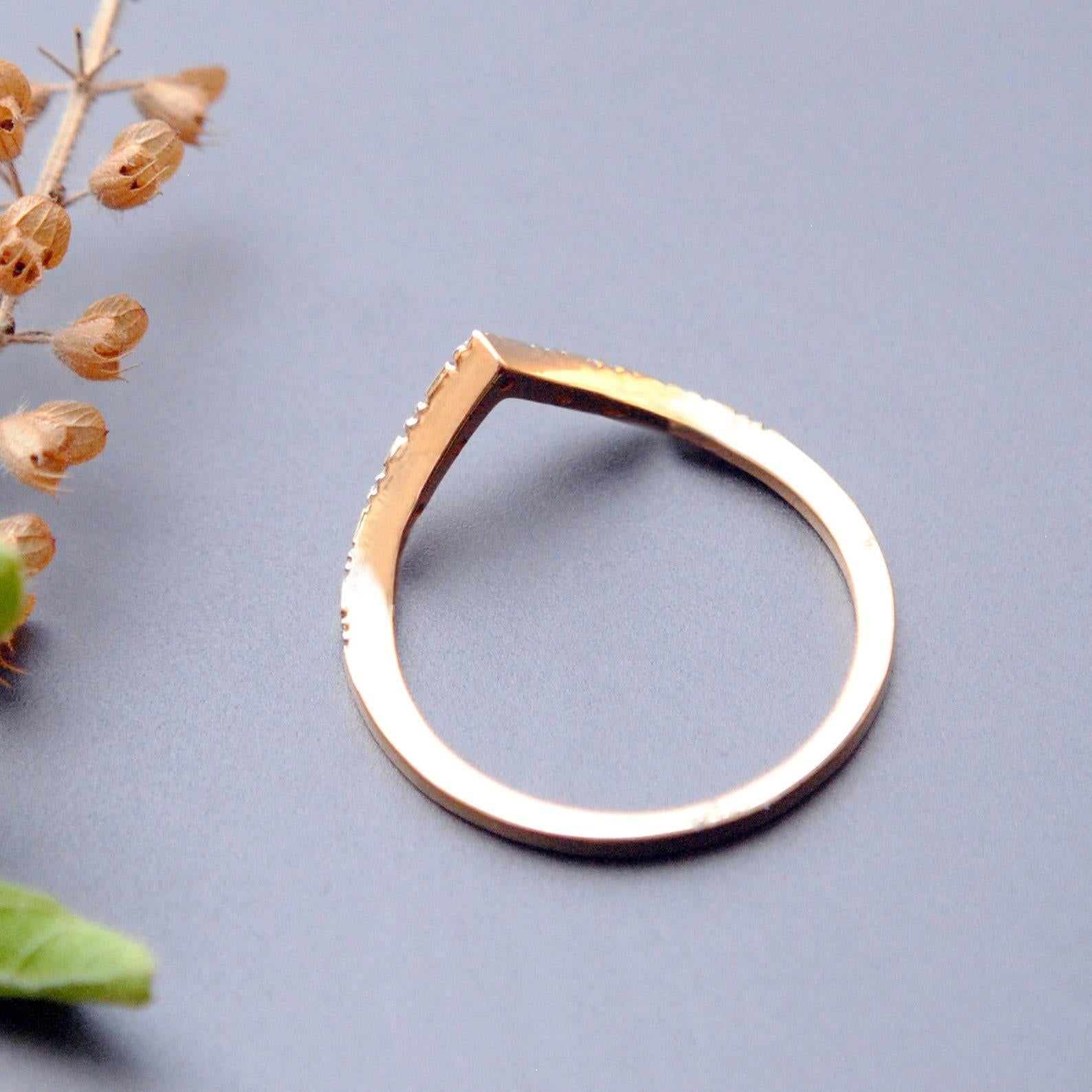 Round Cut Chevron Ring with Spaced Pave Diamond 14k Gold Ring Matching Anniversary Ring. For Sale