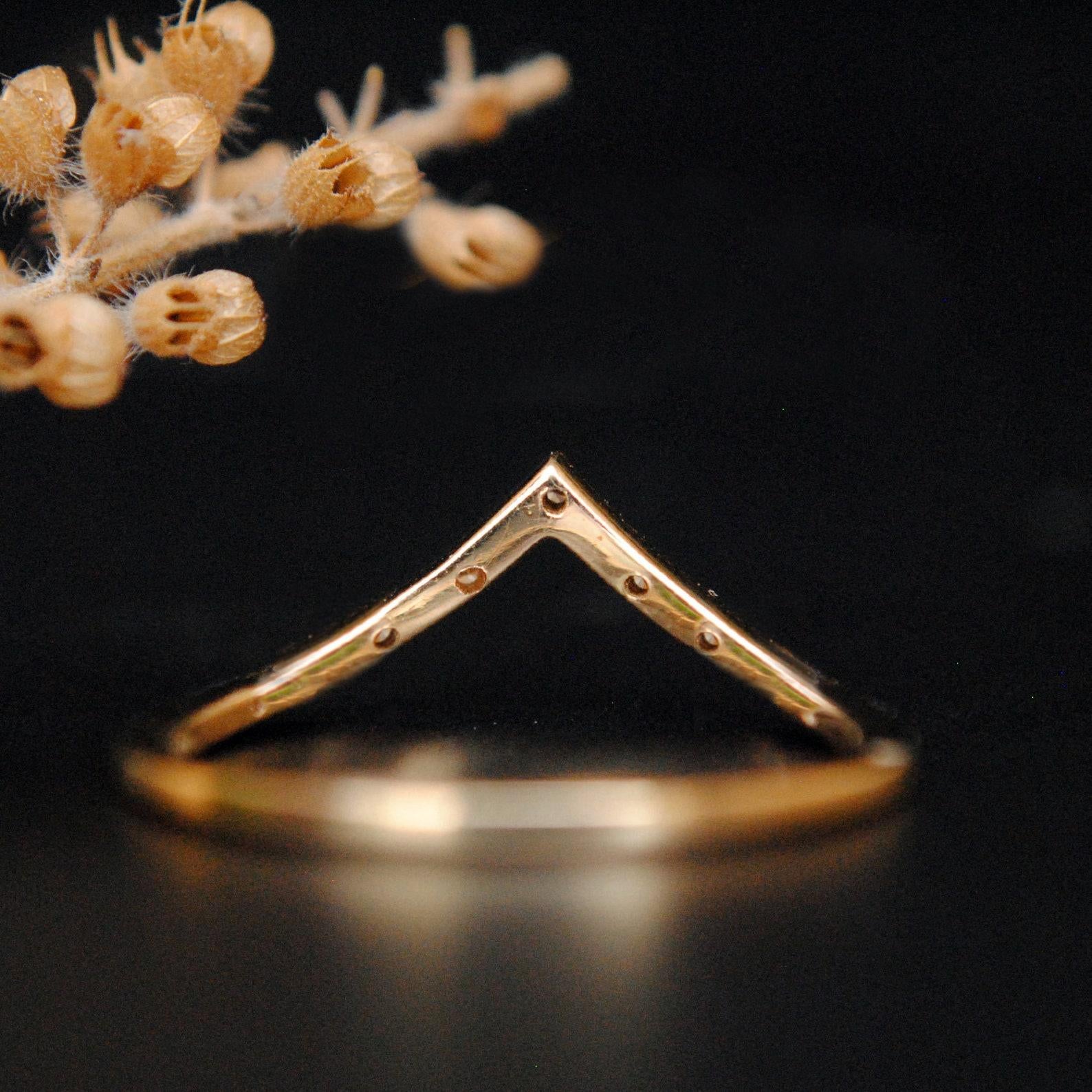 Chevron Ring with Spaced Pave Diamond 14k Gold Ring Matching Anniversary Ring. For Sale 1