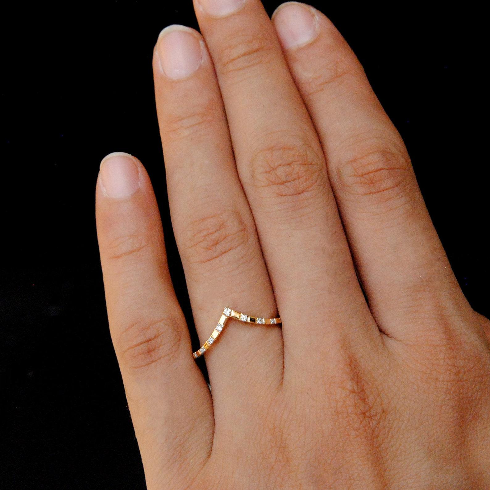 Chevron Ring with Spaced Pave Diamond 14k Gold Ring Matching Anniversary Ring. For Sale 2