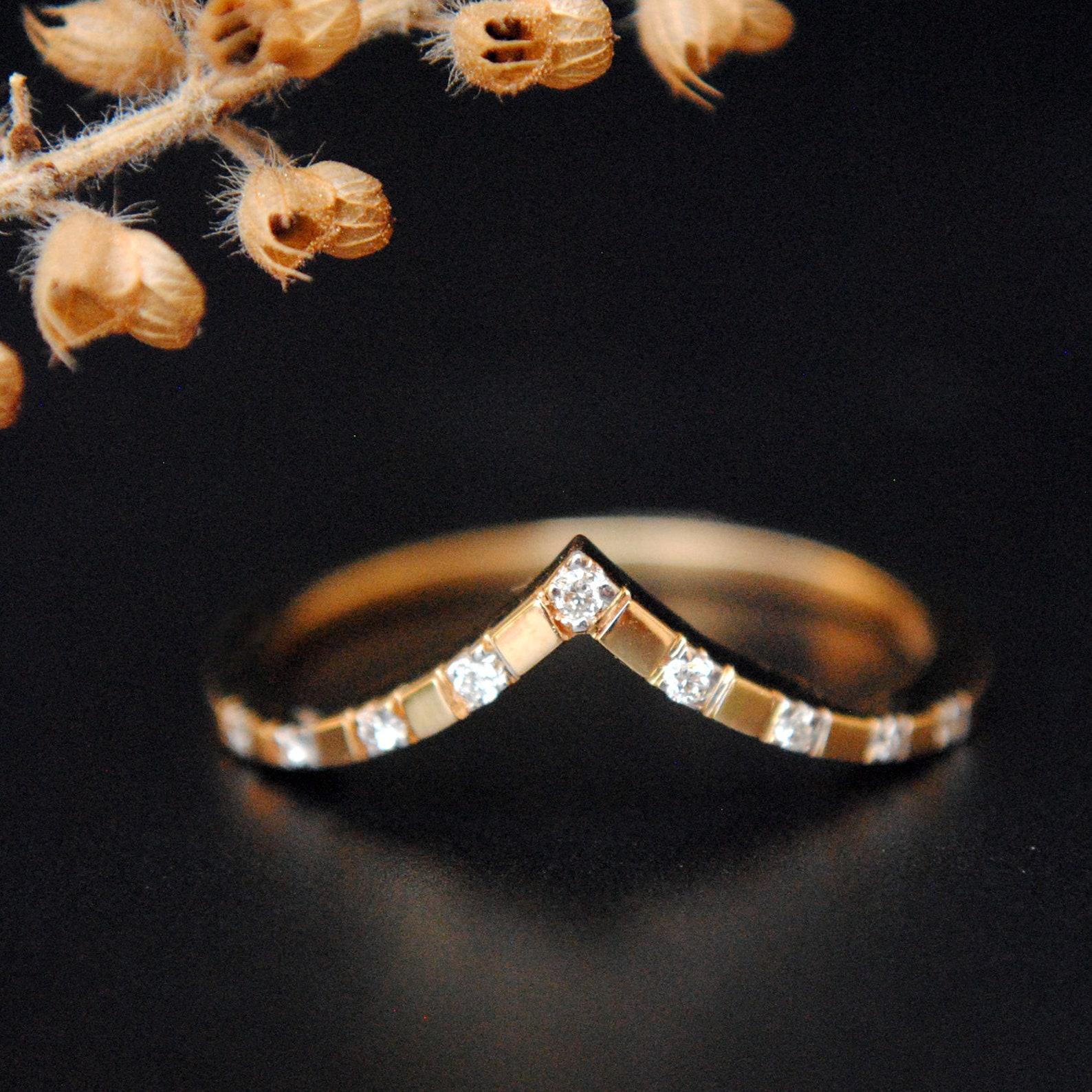 Chevron Ring with Spaced Pave Diamond 14k Gold Ring Matching Anniversary Ring. For Sale 3