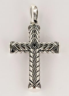 Chevron Sculpted Cross Pendant Sterling Silver with Black Diamonds