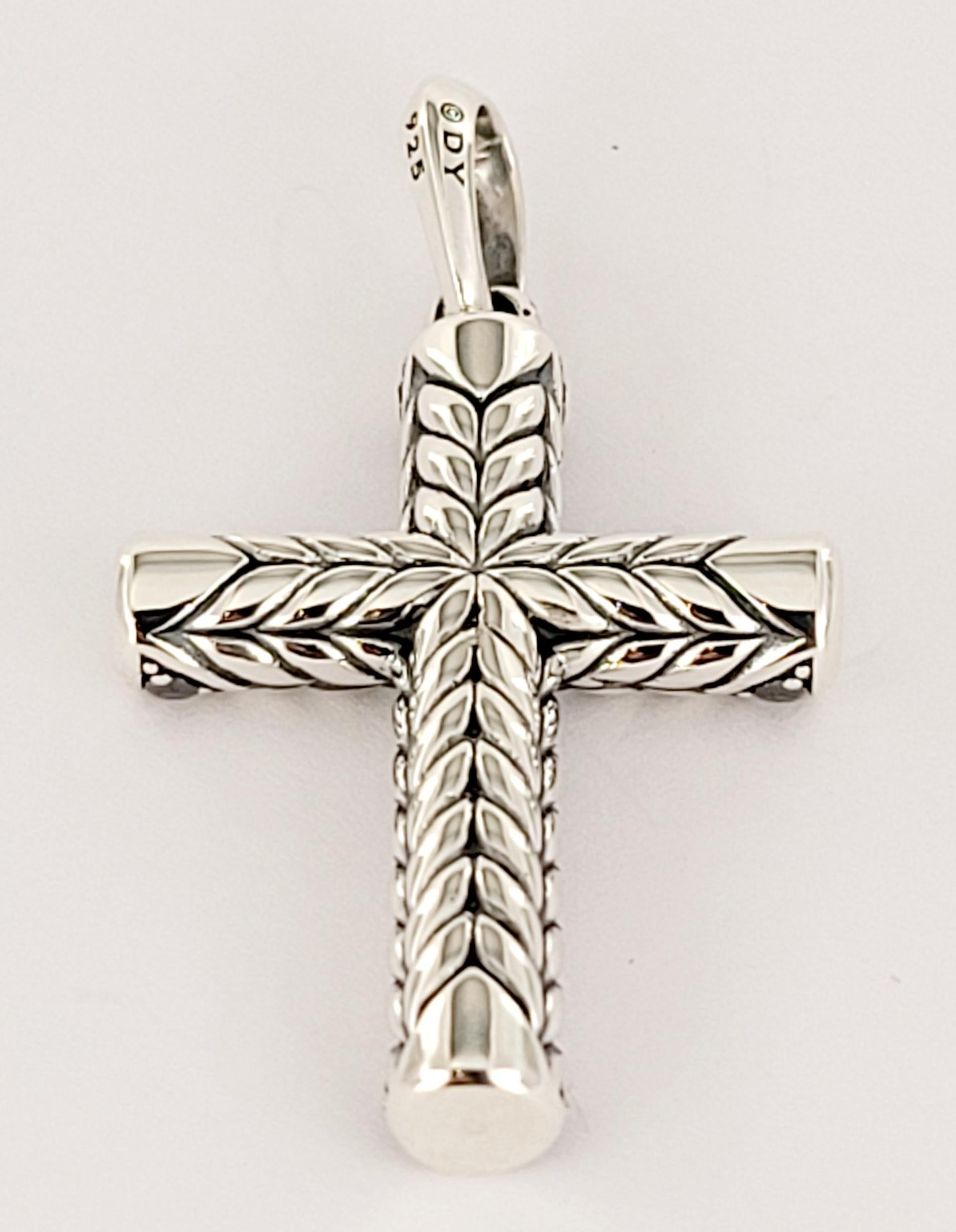 Round Cut Chevron Sculpted Cross Pendant Sterling Silver with Black Diamonds For Sale