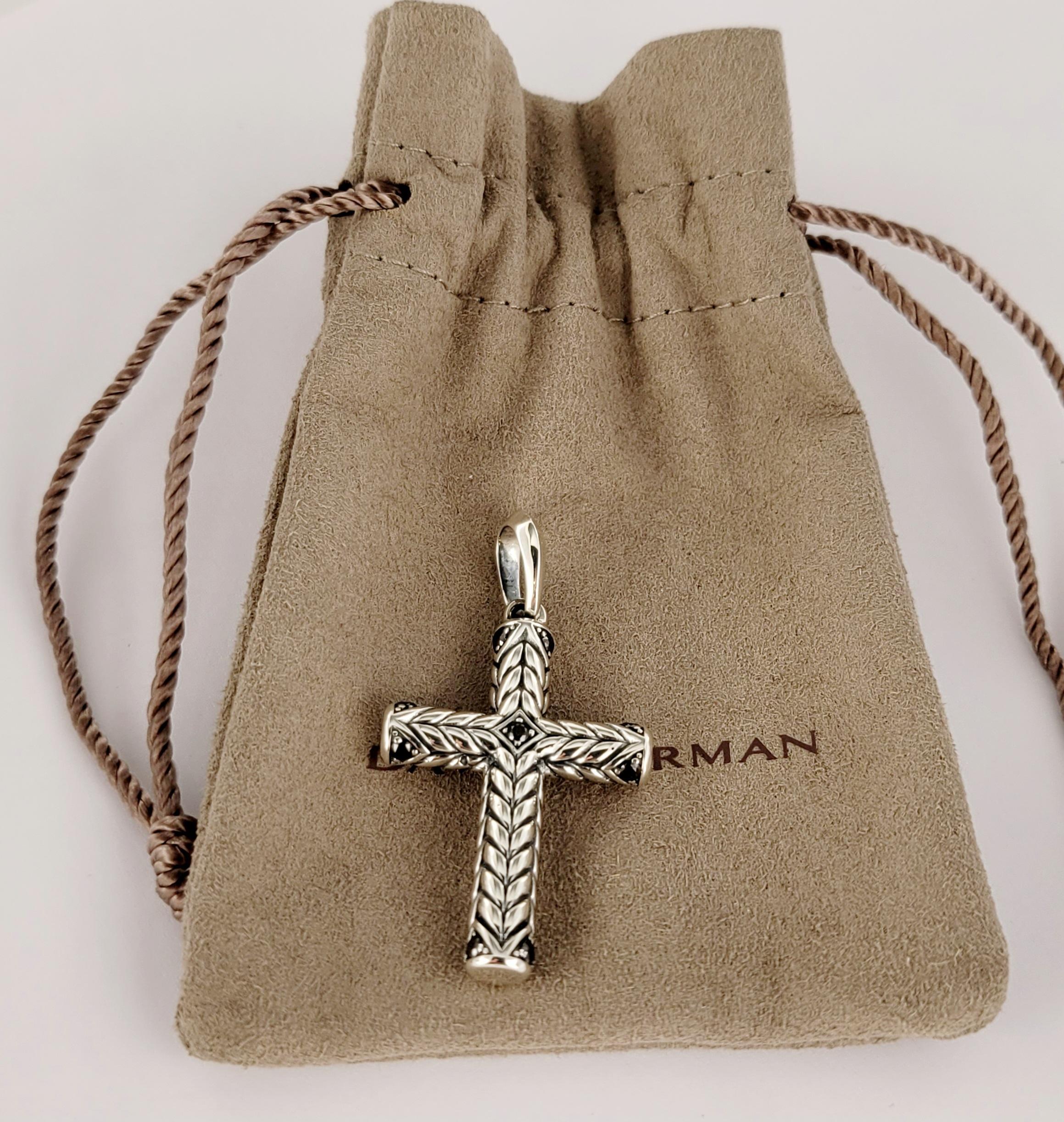 Chevron Sculpted Cross Pendant Sterling Silver with Black Diamonds For Sale 1