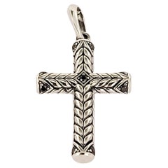 Chevron Sculpted Cross Pendant Sterling Silver with Black Diamonds