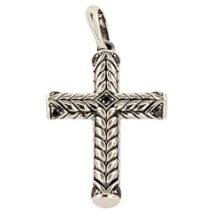 Chevron Sculpted Cross Pendant Sterling Silver with Black Diamonds