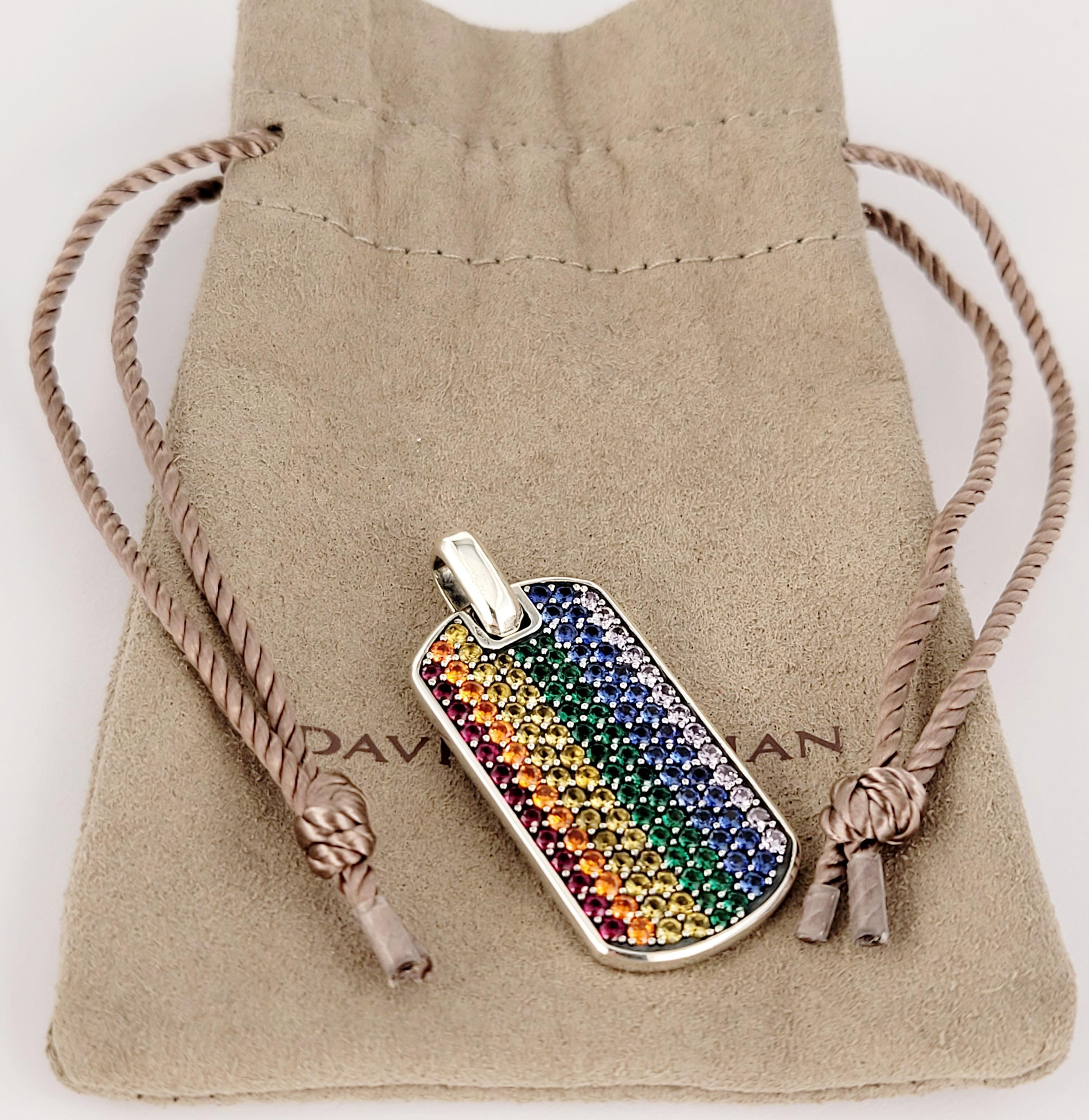 Brand David Yurman
Chevron Collection for Men
Material Sterling Silver 925
Pavé sapphires, tsavorites, yellow sapphires, orange sapphires,
purple sapphires and rubies, 2.02 total carat weight
Pendant Dimension 32.5 X 17.5mm
With Bail 38.5mm
Pendant