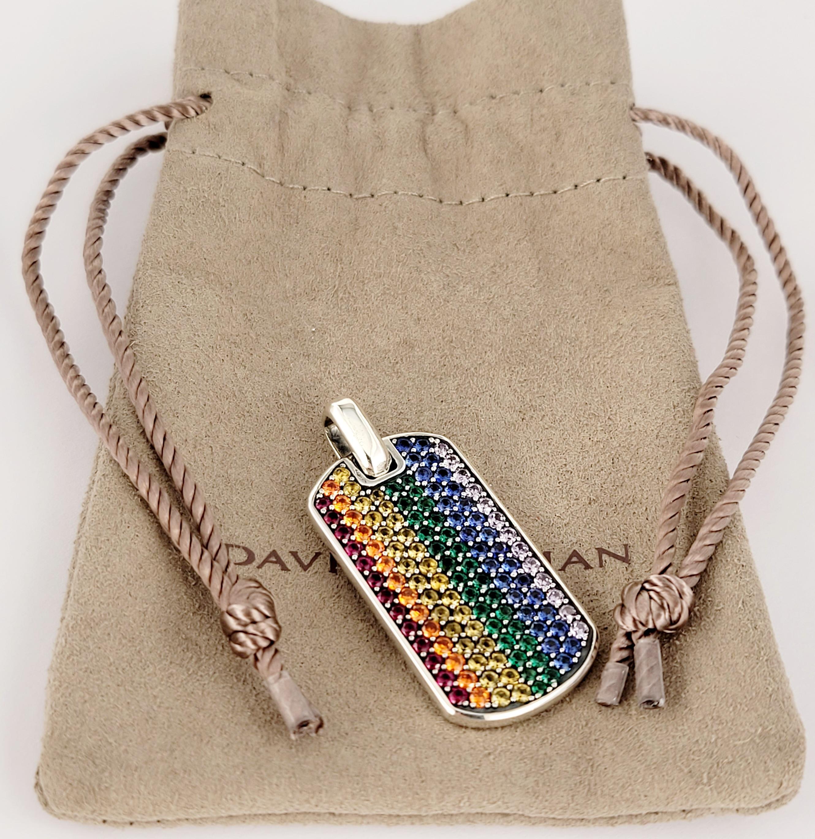 Brand David Yurman
Chevron Collection for Men
Material Sterling Silver 925
Pavé sapphires, tsavorites, yellow sapphires, orange sapphires,
purple sapphires and rubies, 2.02 total carat weight
Pendant Dimension 32.5 X 17.5mm
With Bail 38.5mm
Pendant