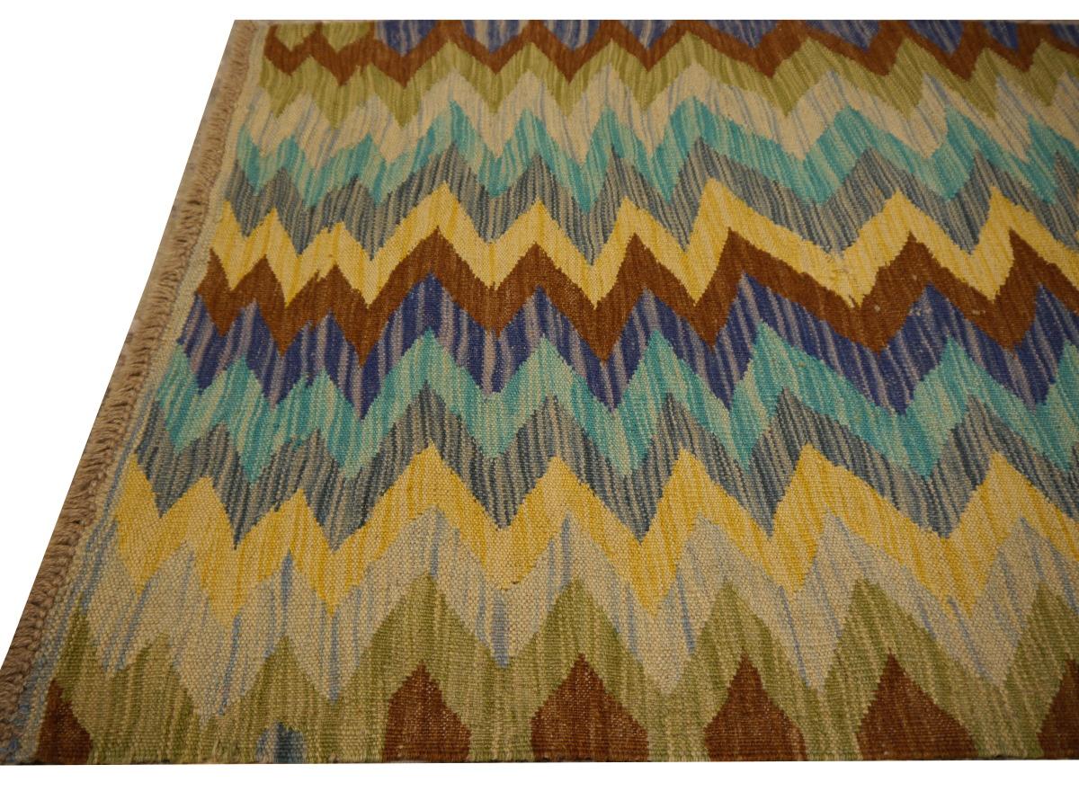 Tribal Chevron Zig Zag Design Kilim Rug Hallway Runner Wool Hand-Woven For Sale