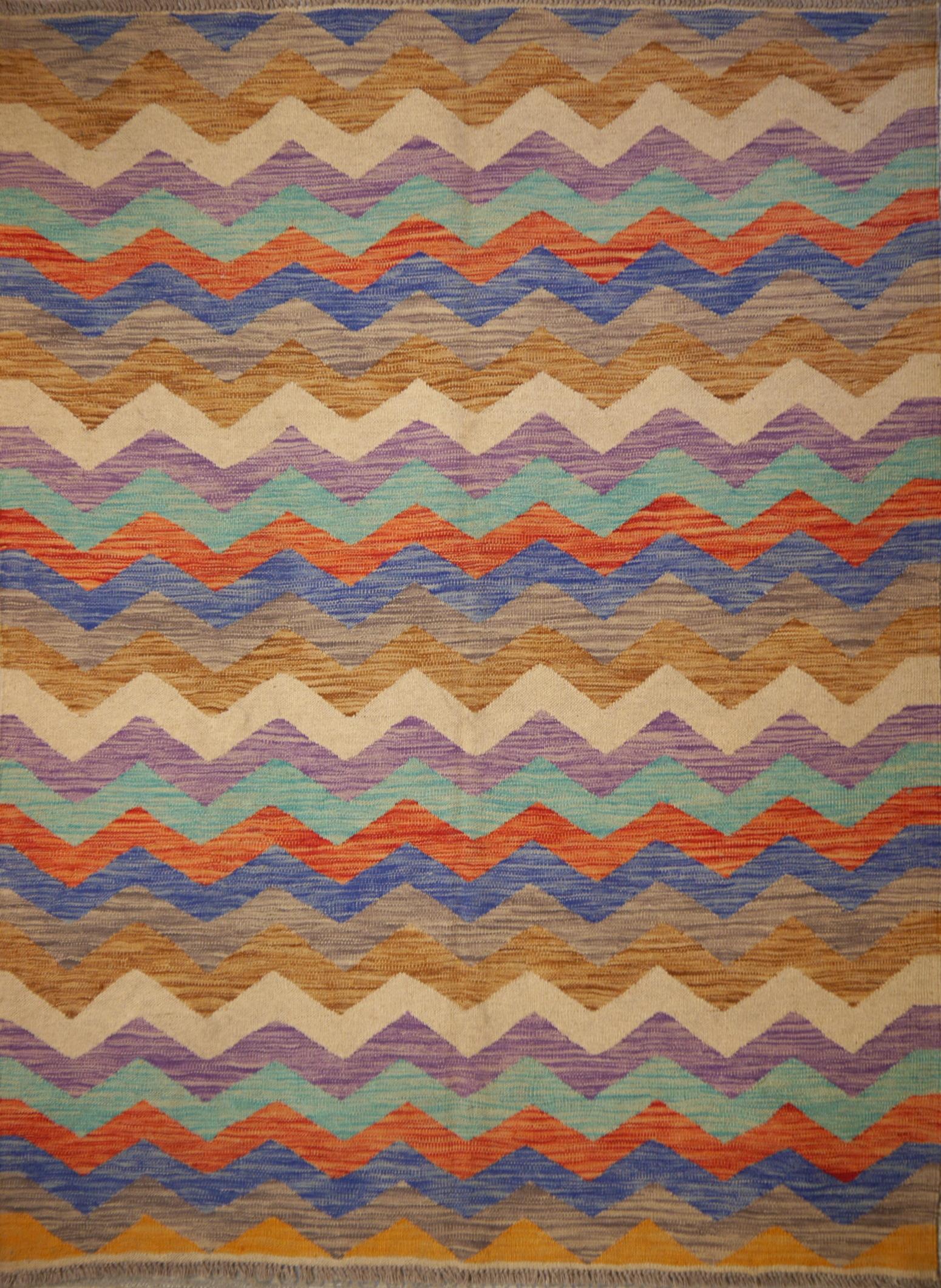 Bambus-Kelim-Teppich Chevron Zickzack-Design mit natürlicher, organisch gefärbter Wolle flach handgewebt im Angebot 6