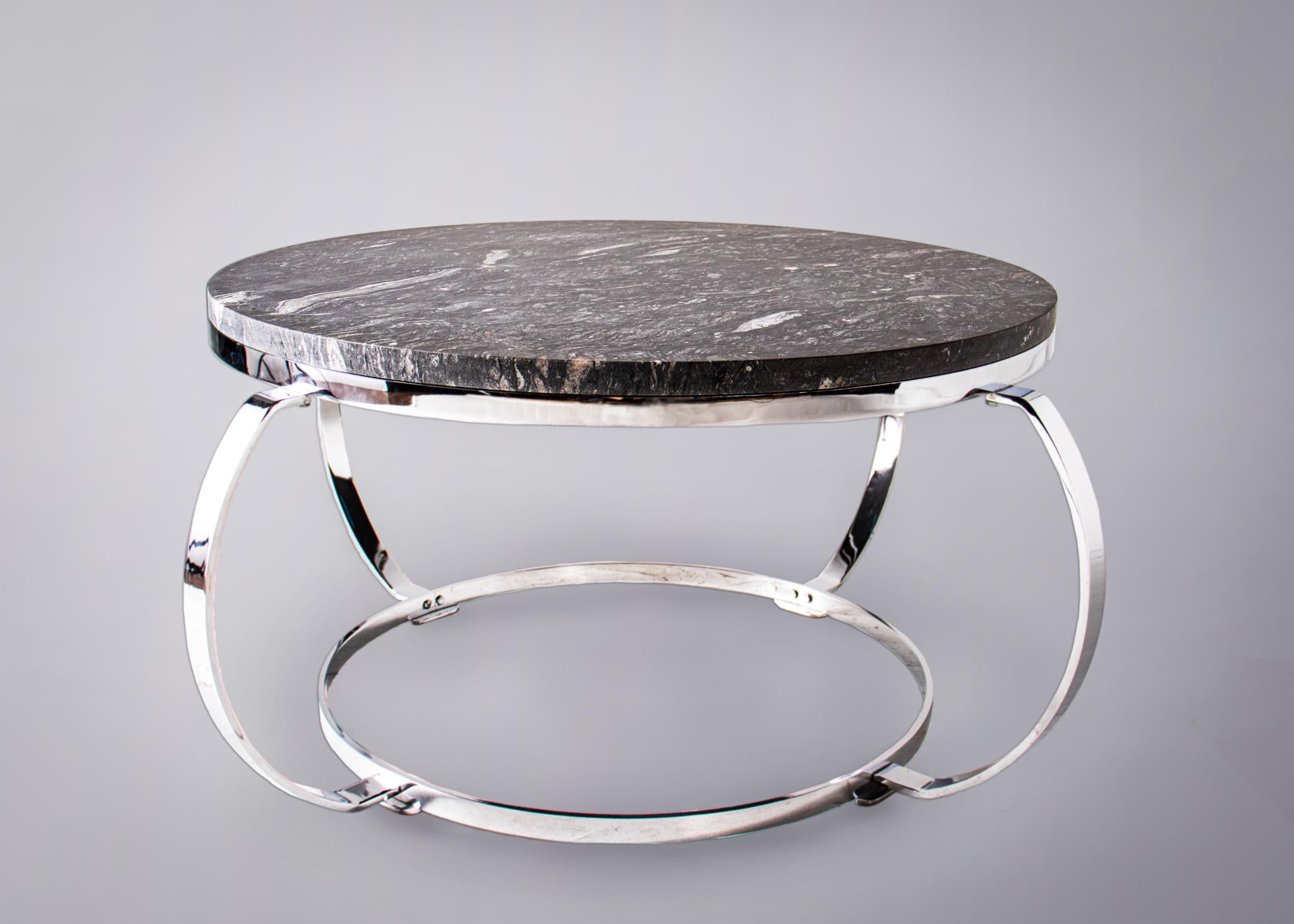 French Cheyenne Marble Coffee Table with Rounded Chrome Base