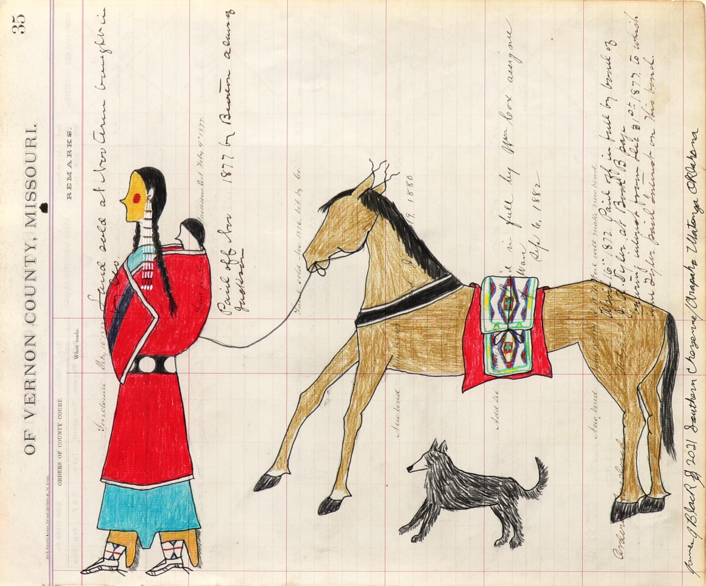 Woman with Baby, Horse, and Dog - original ledger style drawing by contemporary Native American artist, James Black, Cheyenne Arapahoe tribe. Depicting a Native American woman carrying a baby wearing traditional dress including leggings and beaded
