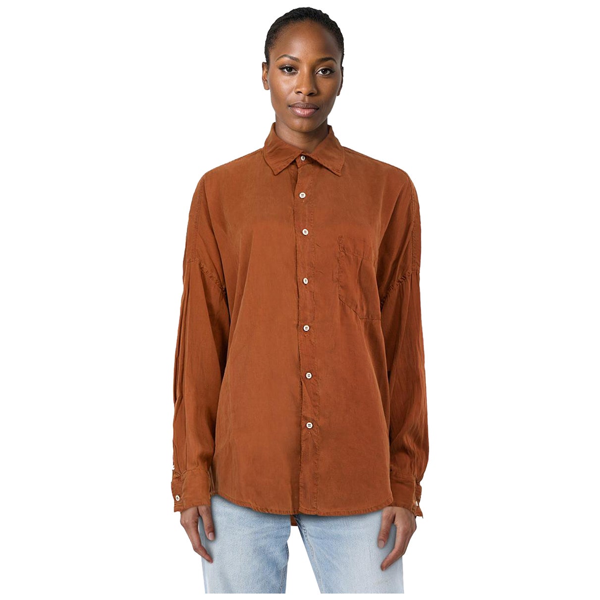 Chez Vidalenc Brown Silk Long Sleeve Shirt Size L en vente