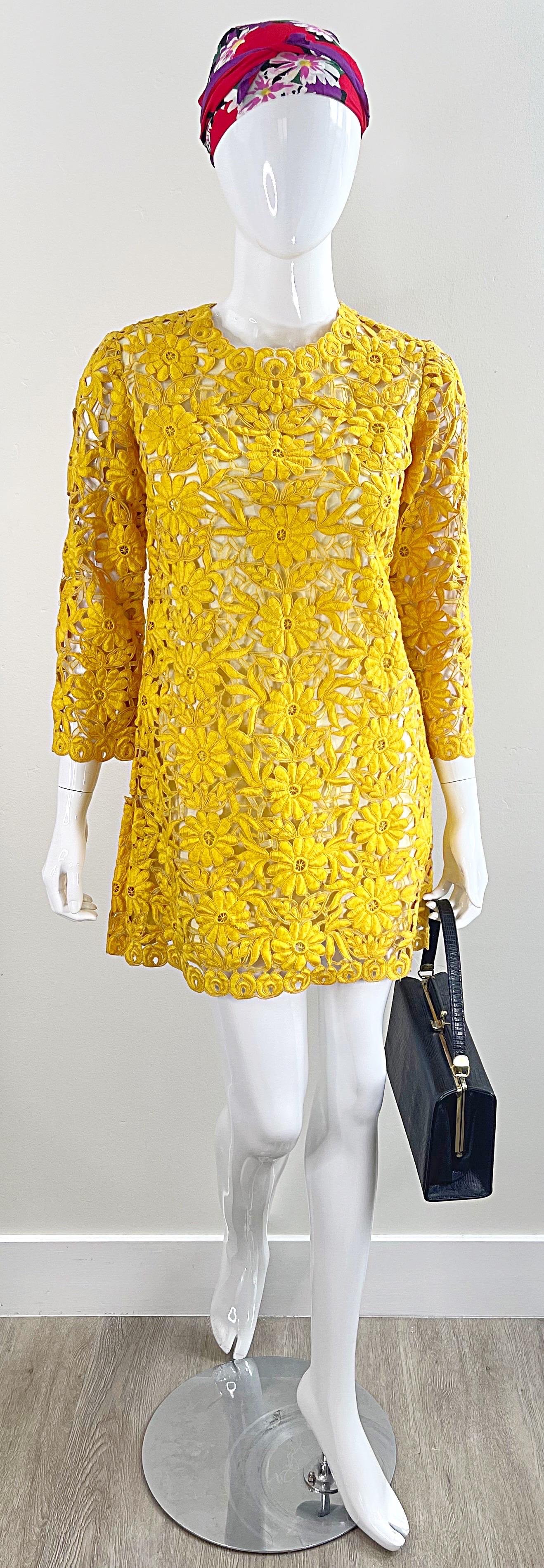 Chic 1960s Yellow Mustard Crochet 3/4 Sleeves Vintage 60s Mini Dress Tunic Top 6