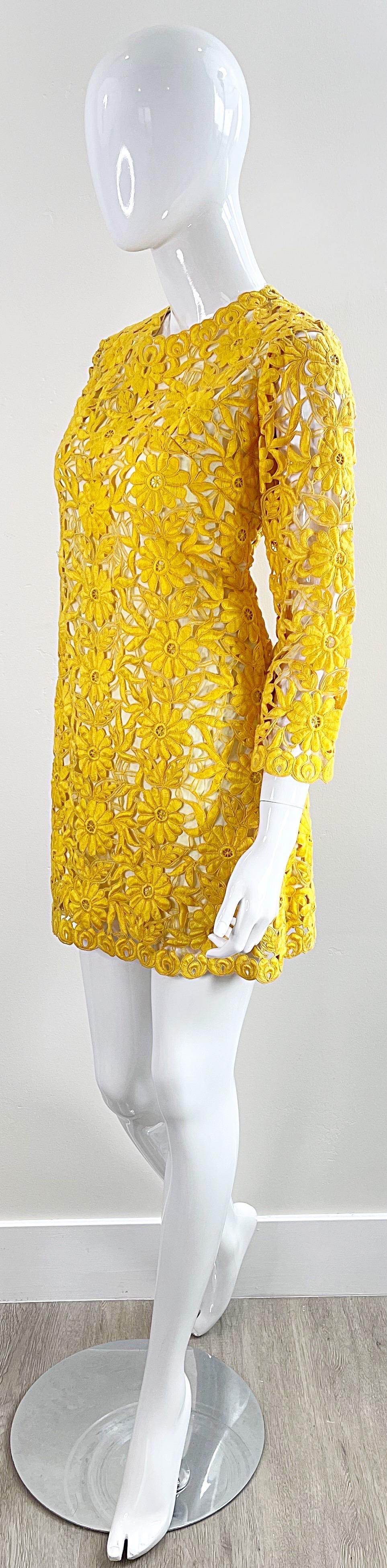 Chic 1960s Yellow Mustard Crochet 3/4 Sleeves Vintage 60s Mini Dress Tunic Top 7