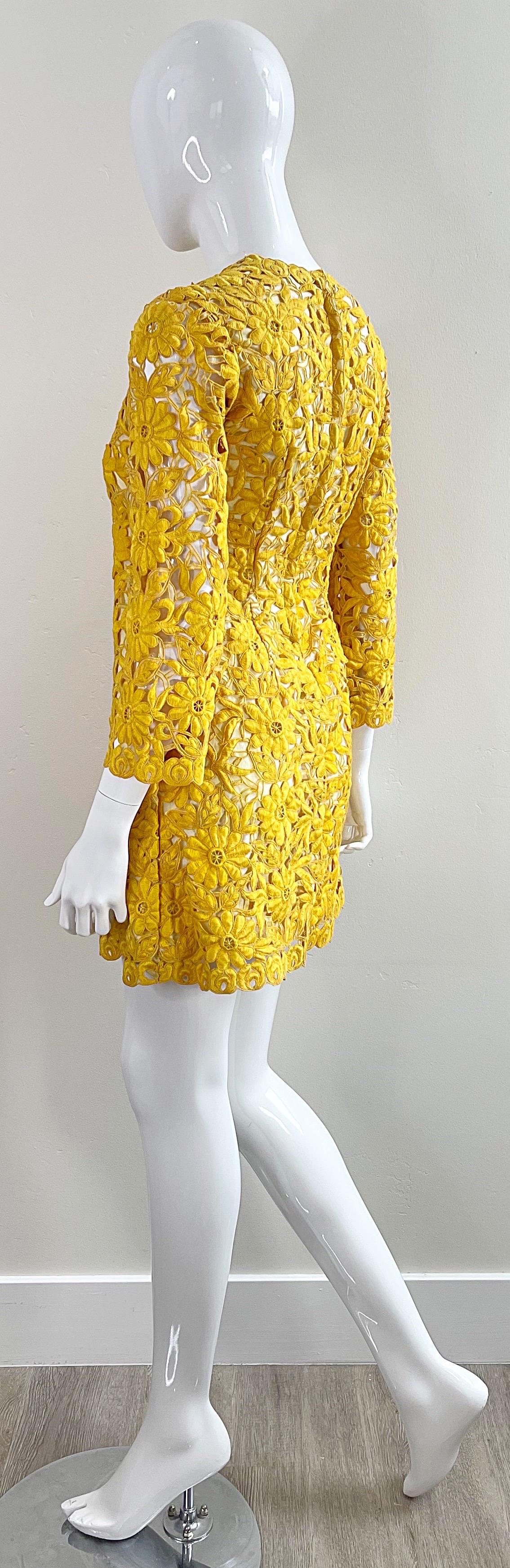 Chic 1960s Yellow Mustard Crochet 3/4 Sleeves Vintage 60s Mini Dress Tunic Top 8