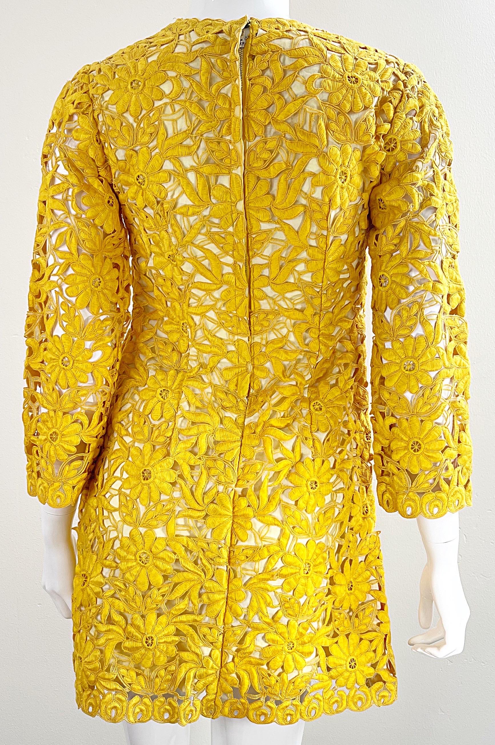 Chic 1960s Yellow Mustard Crochet 3/4 Sleeves Vintage 60s Mini Dress Tunic Top 9