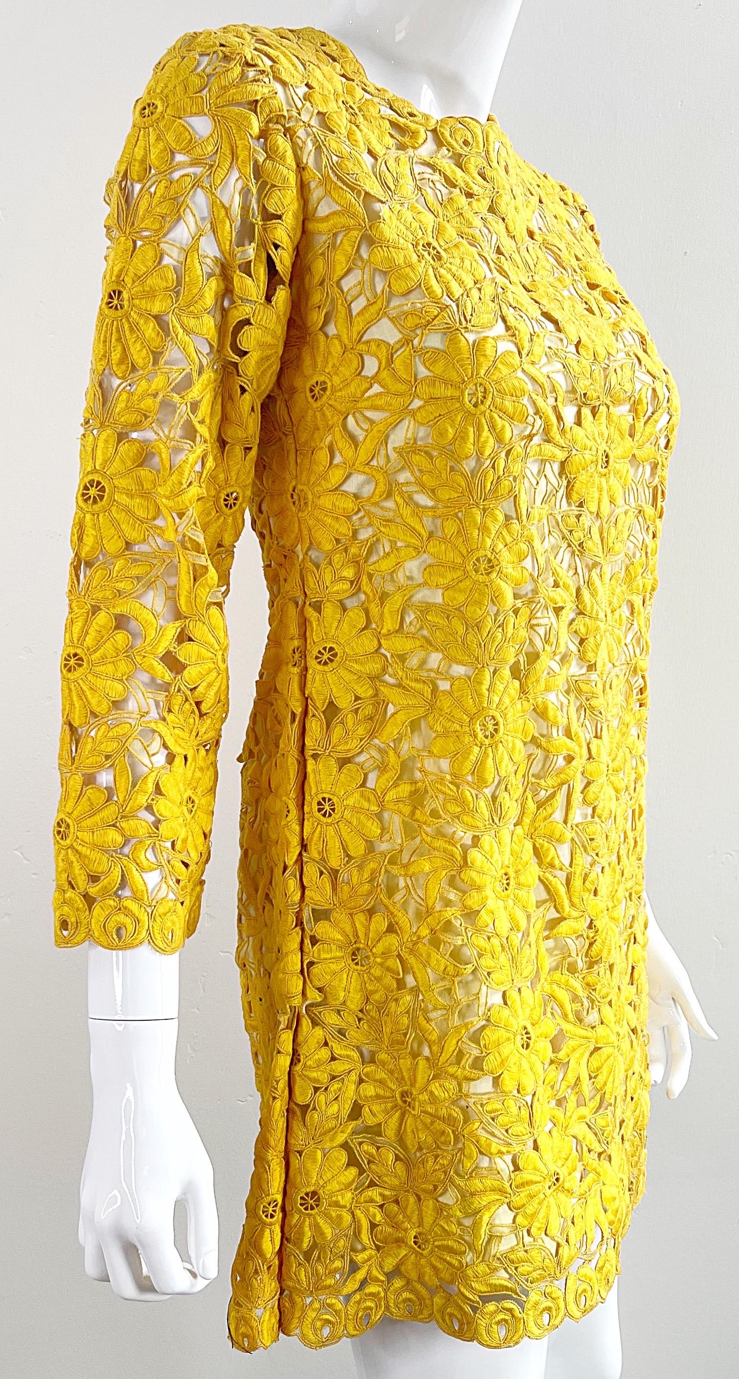 Chic 1960s Yellow Mustard Crochet 3/4 Sleeves Vintage 60s Mini Dress Tunic Top 10