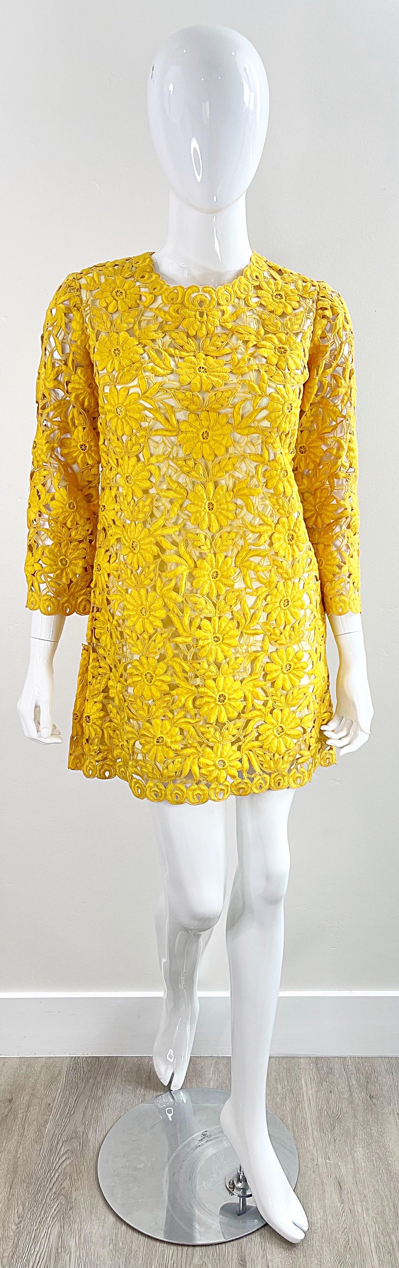 Chic 1960s Yellow Mustard Crochet 3/4 Sleeves Vintage 60s Mini Dress Tunic Top 11